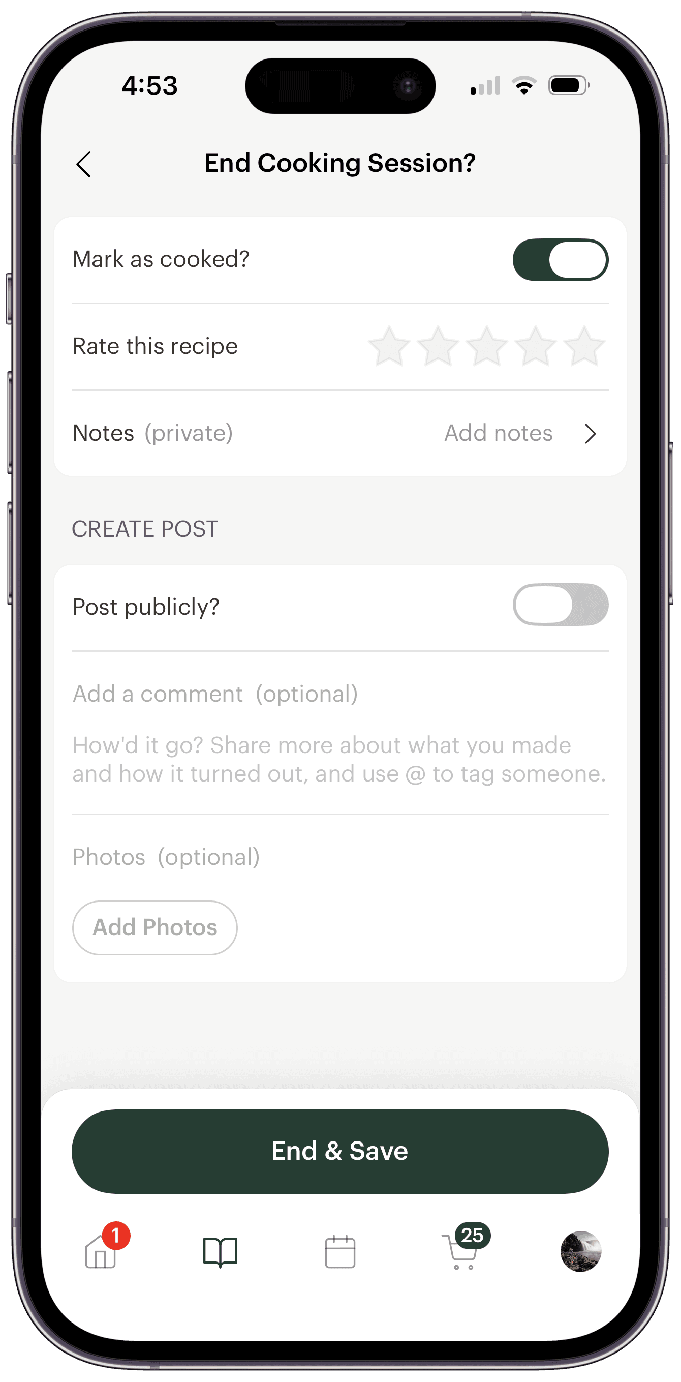 Deglaze's End Cooking Session screen: a 'Mark as cooked?' toggle switched on, a 'Rate this recipe' star row, private notes, and a separate 'Post publicly?' toggle switched off.