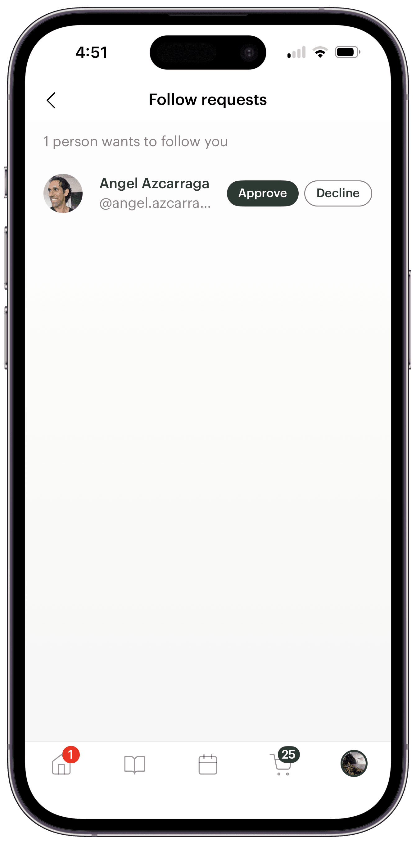 The Follow requests screen in Deglaze, showing a pending request with per-person Approve and Decline buttons.
