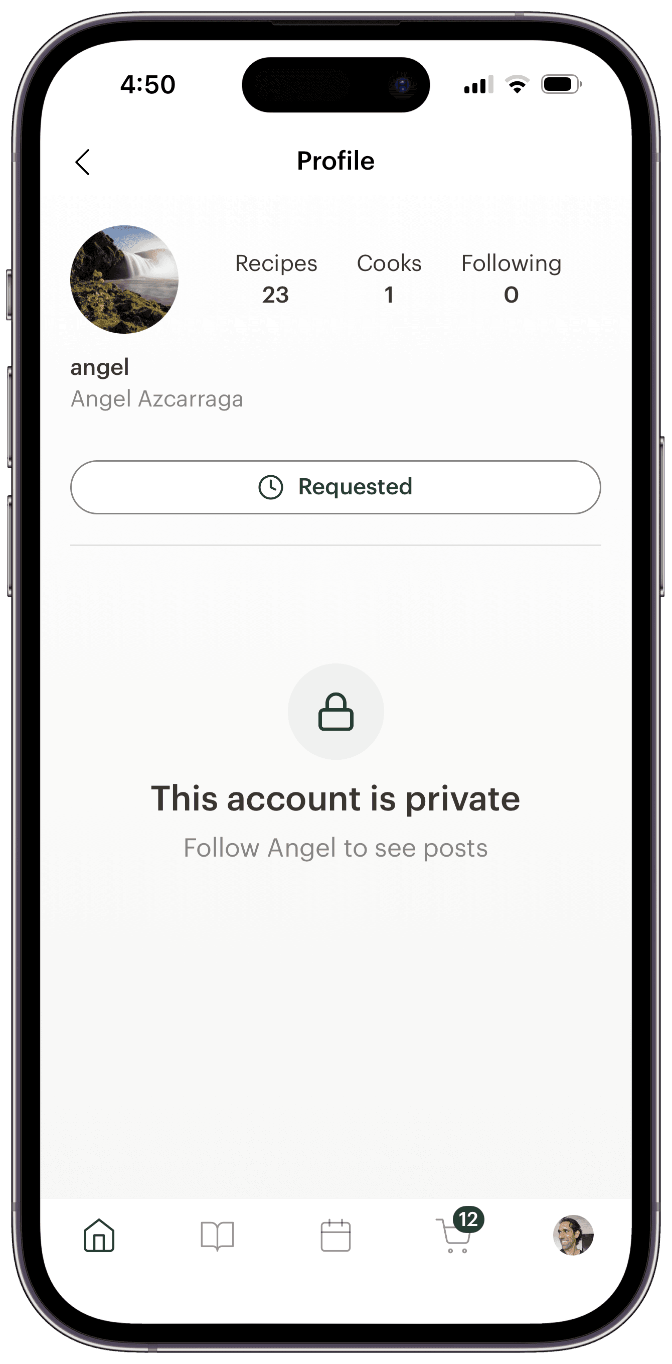 A private Deglaze profile as a non-follower sees it: the profile photo, name, and counts are still visible, with a lock icon, 'This account is private,' 'Follow Angel to see posts,' and a Requested button.