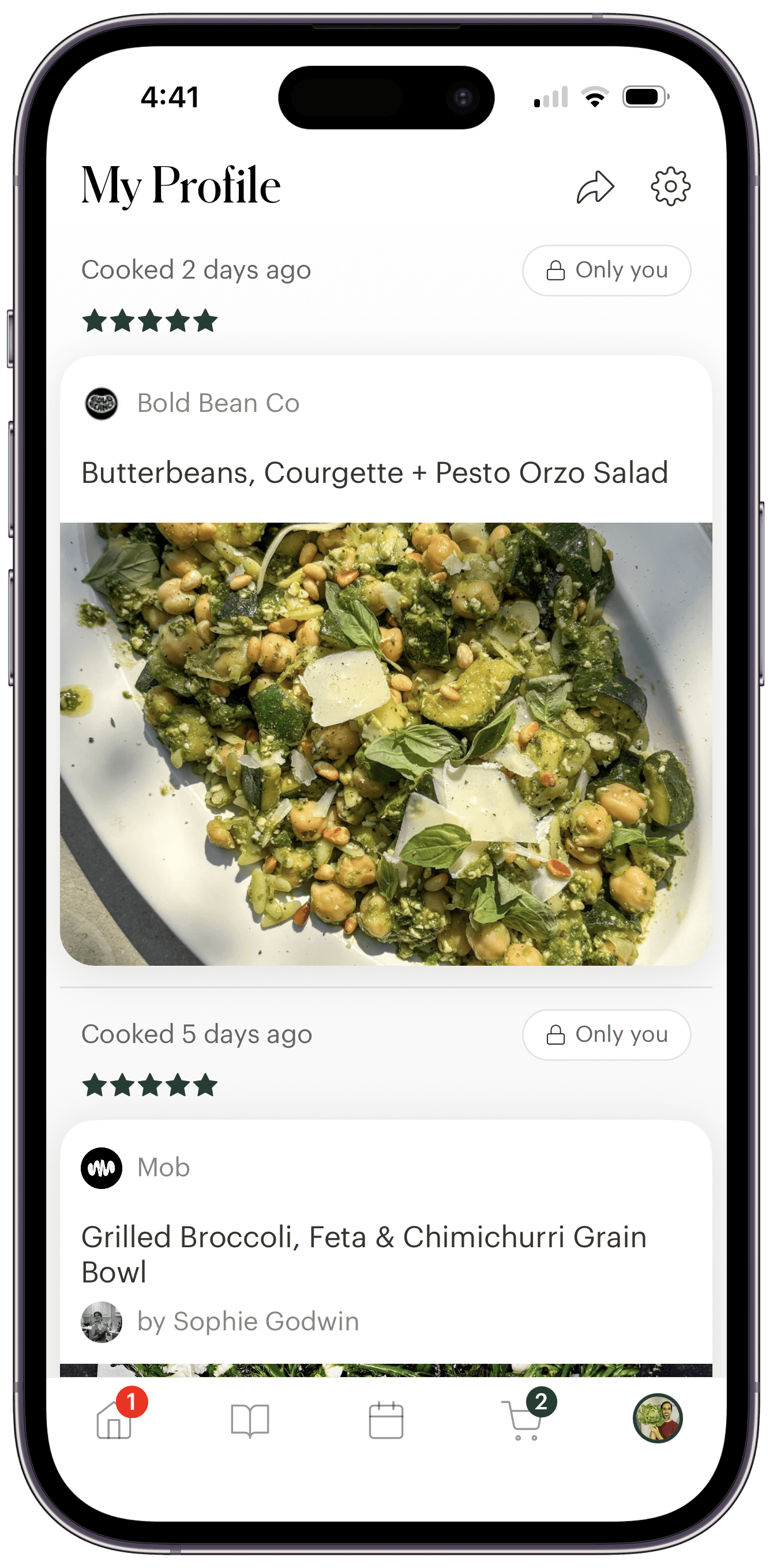 A Deglaze profile showing private cooking history: two entries labeled 'Only you,' each with a date header like 'Cooked 2 days ago,' a five-star rating, and the recipe that was cooked.