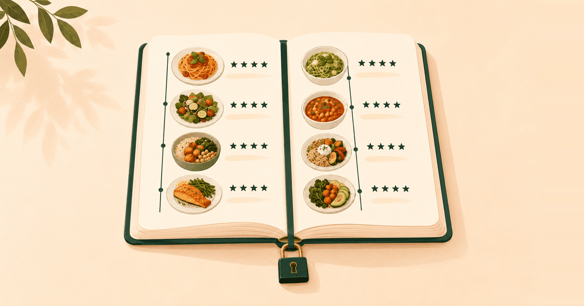 Illustration of an open cooking journal on a warm cream background: a timeline of home-cooked meals runs down each page, every plate with a green star rating, and a deep-green padlock hangs from the journal's ribbon bookmark.