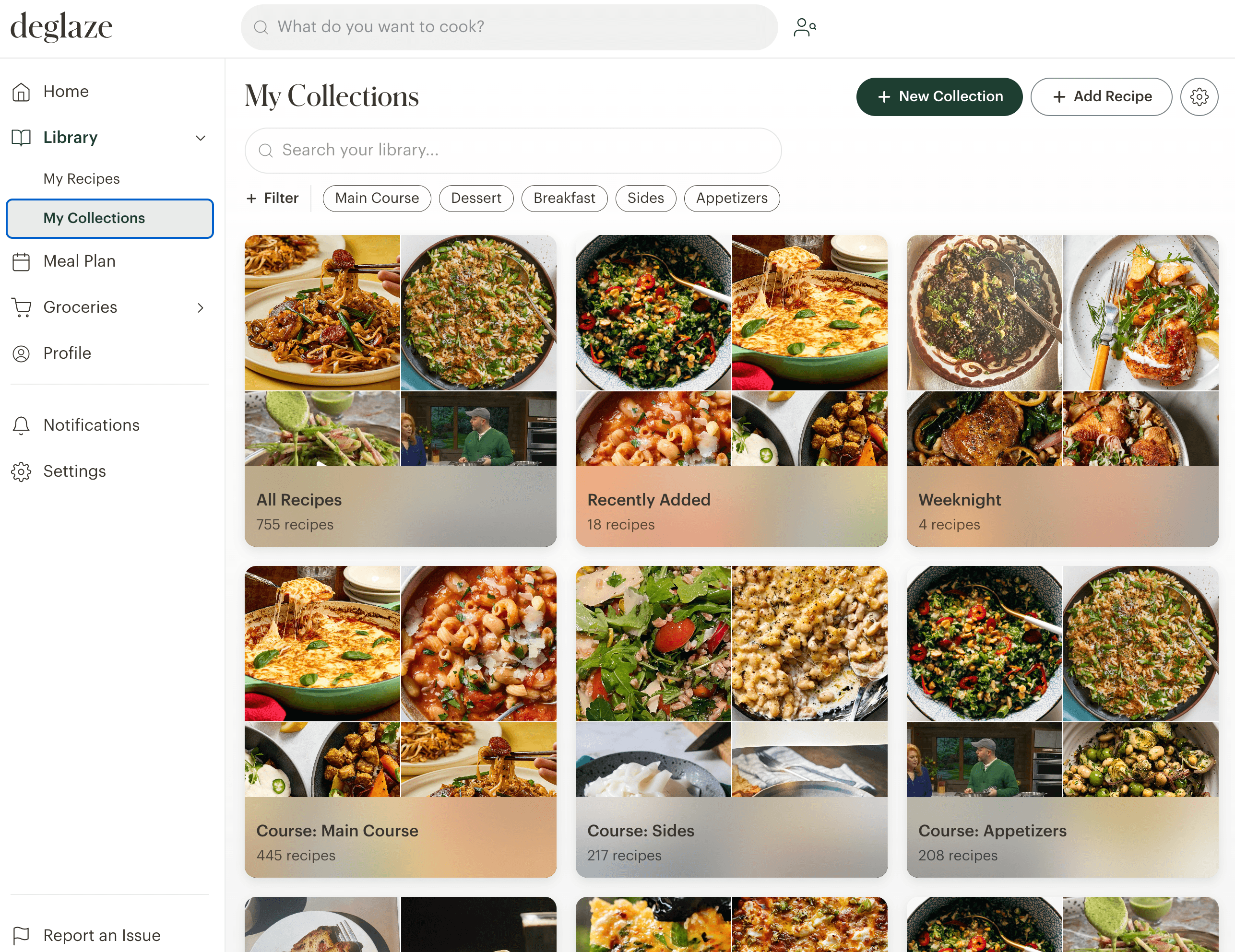 Screenshot of the Deglaze web app showing a recipe library with collection thumbnails on desktop.