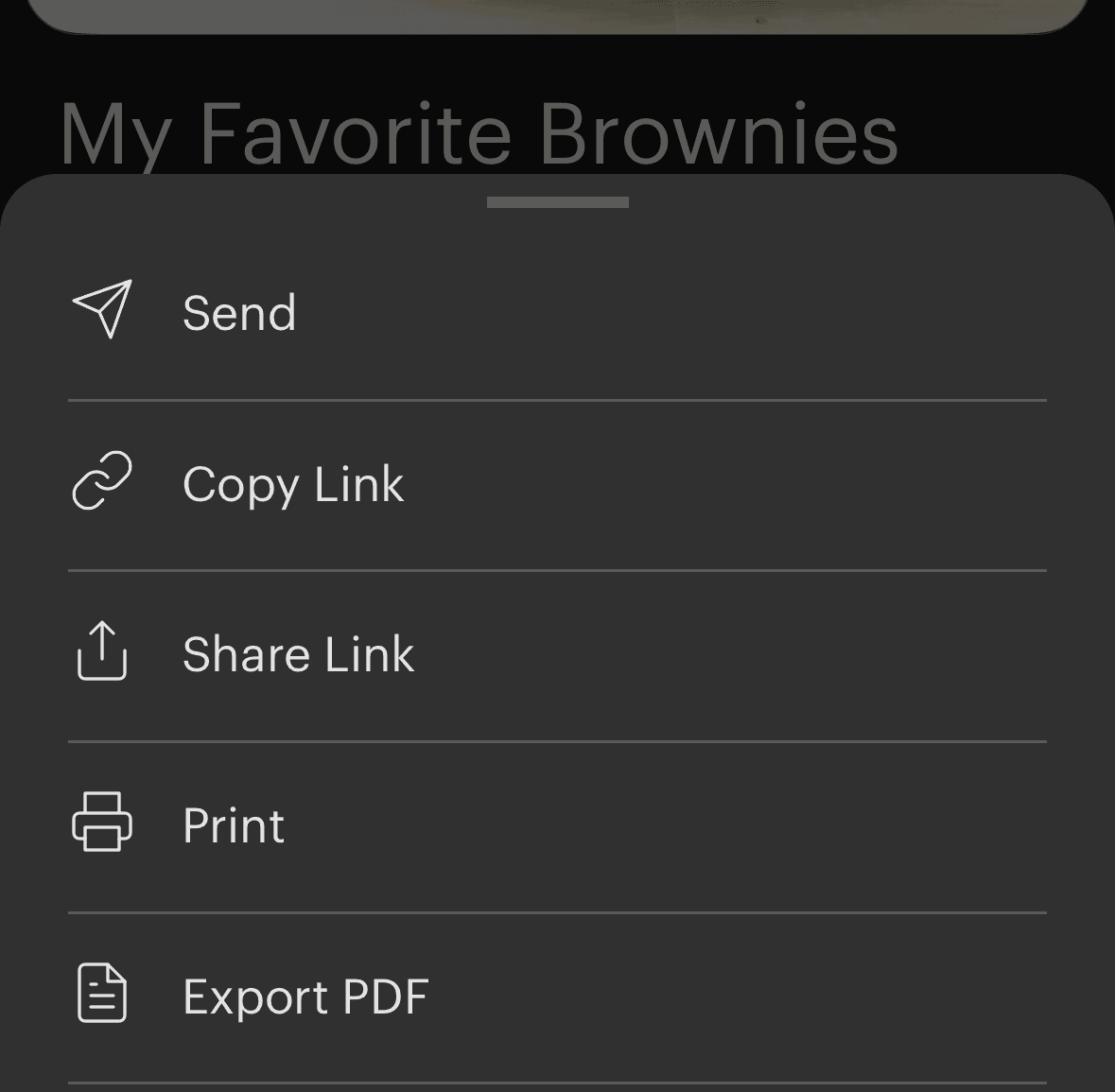Menu showing print, export PDF, and send options.