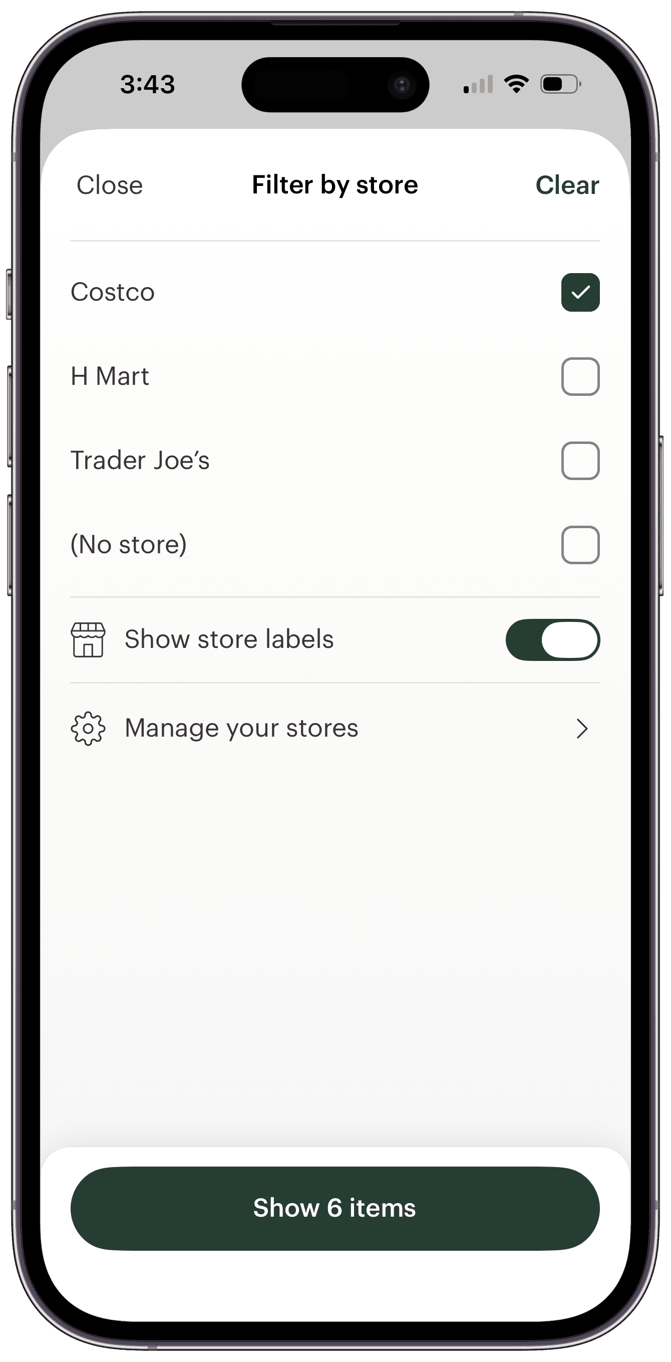 The Filter by store screen in Deglaze with Costco checked, H Mart, Trader Joe's, and (No store) unchecked, the Show store labels toggle on, Manage your stores, and a Show 6 items button.