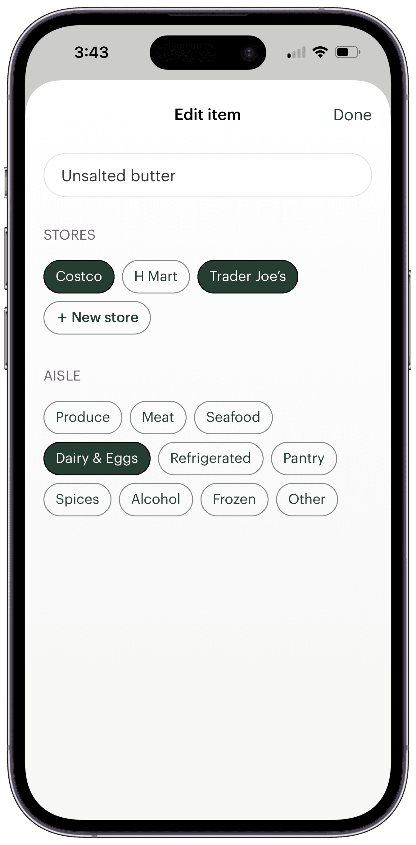 The Deglaze Edit item screen on an iPhone showing the new Stores section for unsalted butter, with Costco and Trader Joe's selected, a + New store chip, and the aisle picker below.