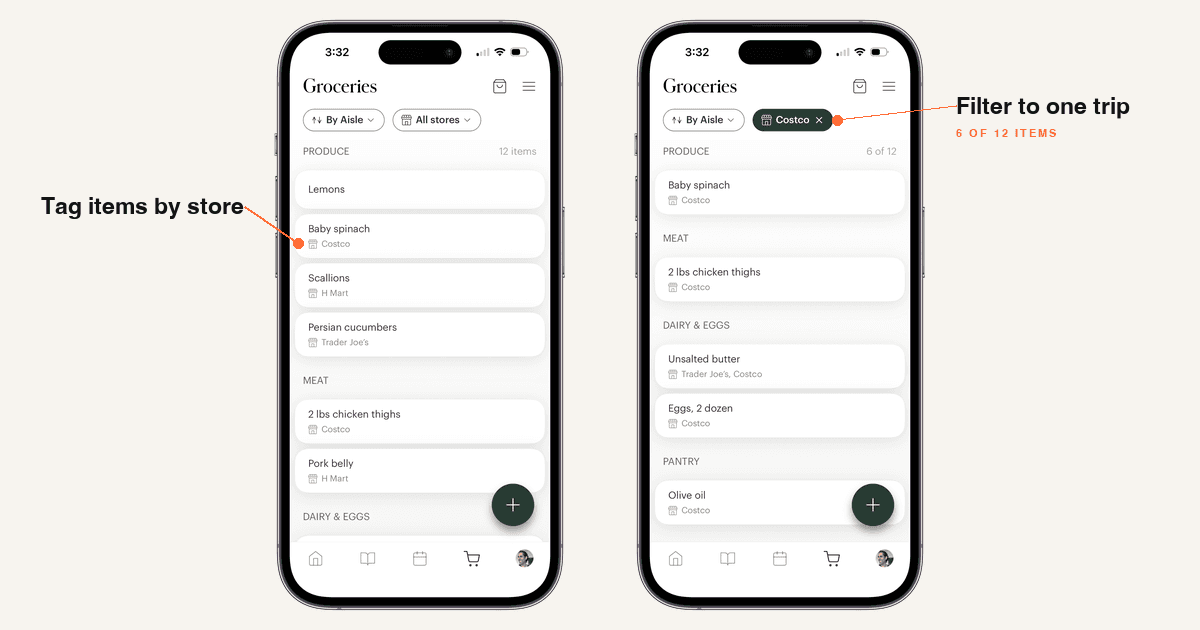 Side-by-side iPhone screenshots of a Deglaze grocery list: the full list with store labels under each item on the left, and the same list filtered down to 6 of 12 items with the green Costco filter pill active on the right.