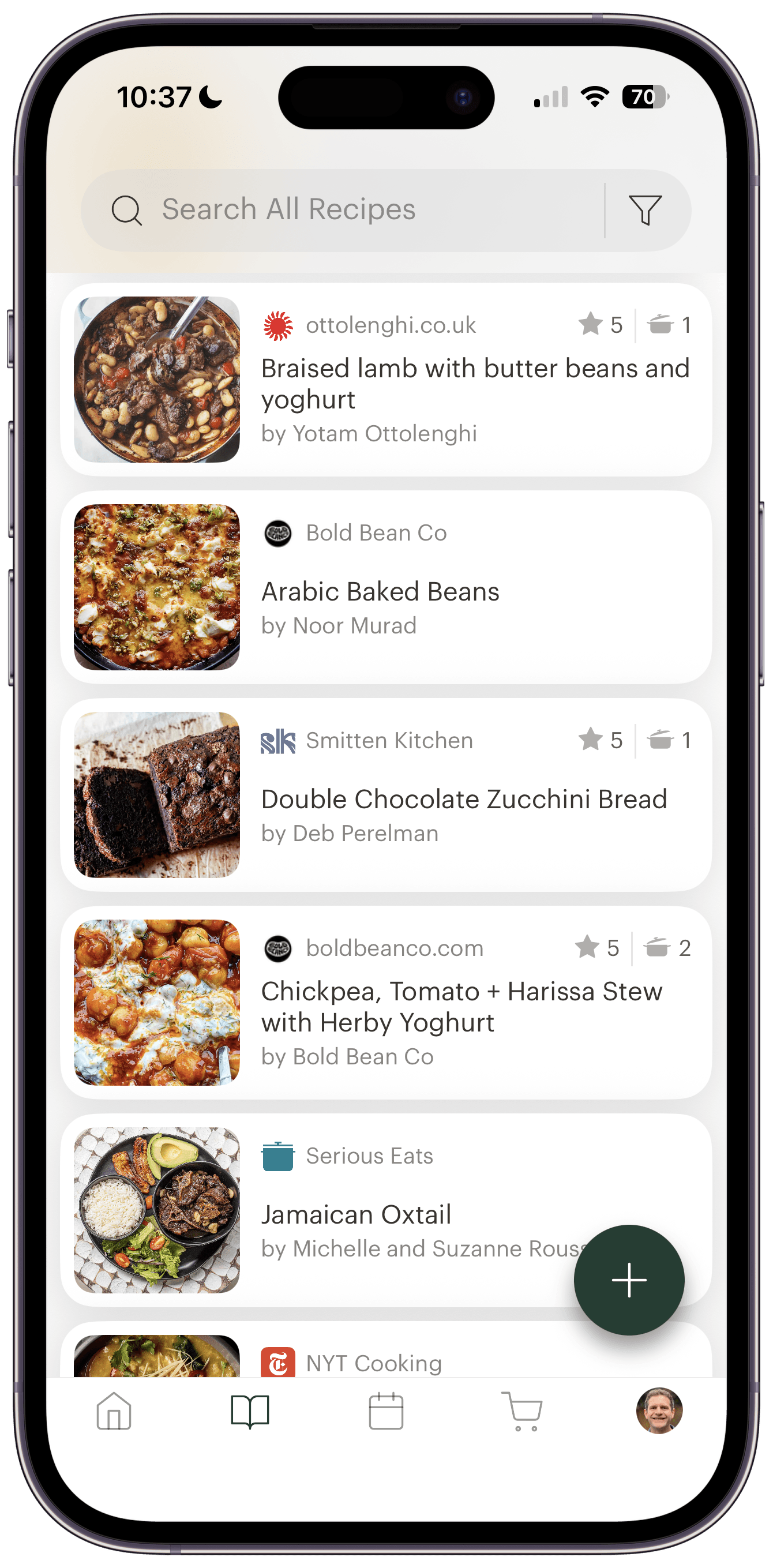 Screenshot of the Deglaze recipe list view showing recipe photos, titles, sources, cook counts, and star ratings