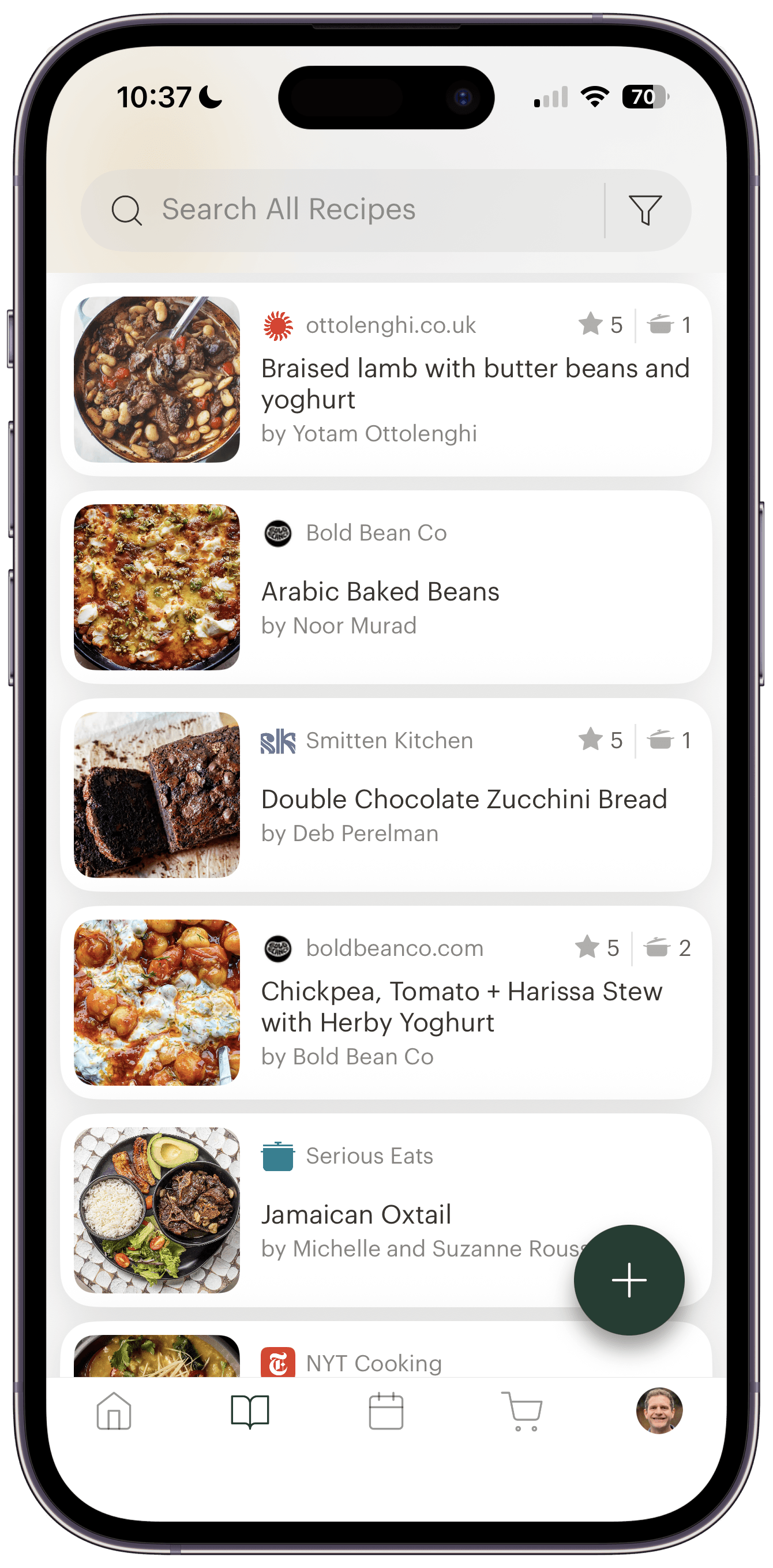 Screenshot of the Deglaze recipe list view showing recipe photos, titles, sources, cook counts, and star ratings