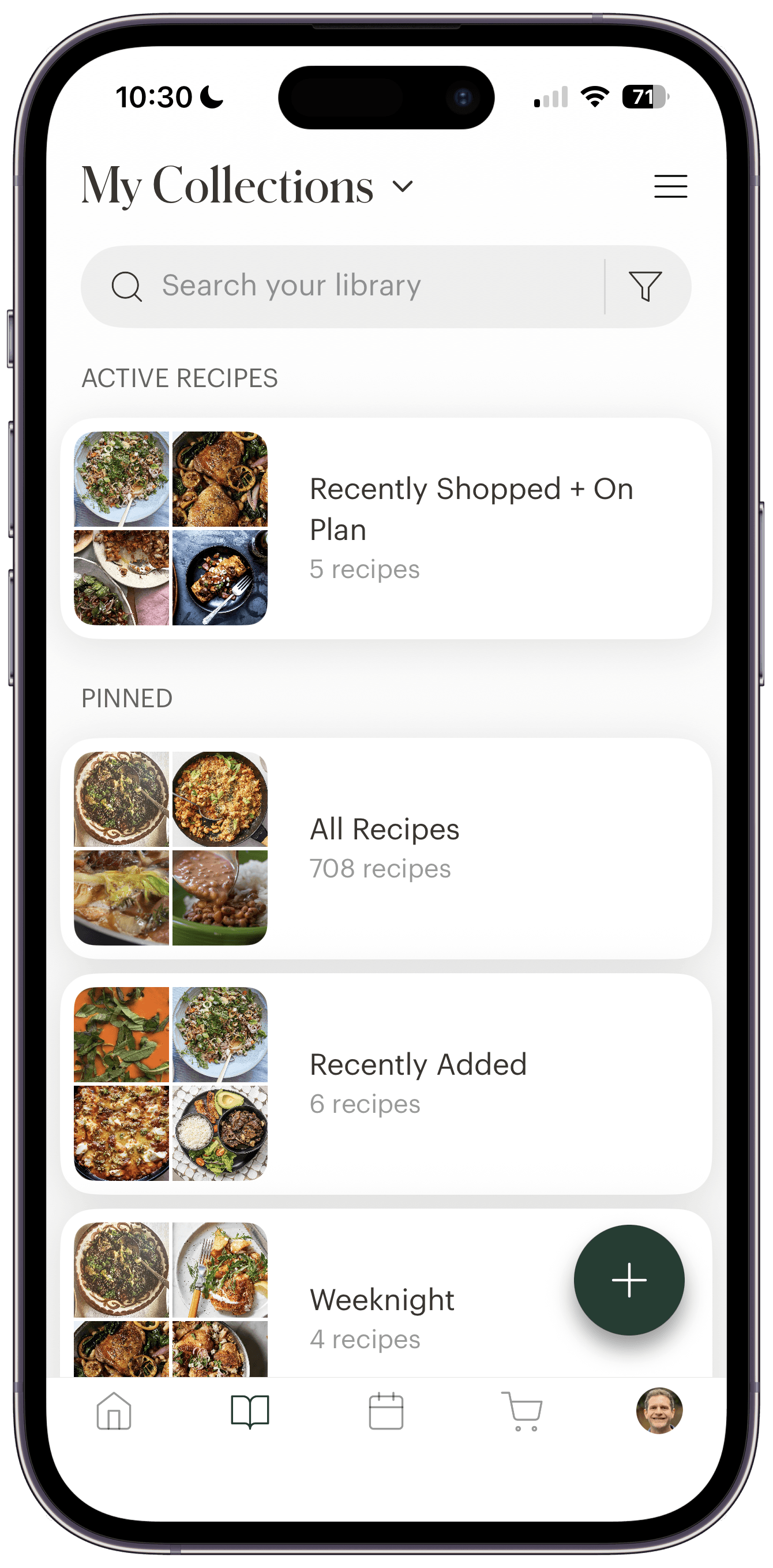 Screenshot of smart collections in Deglaze showing On Meal Plan, On Grocery List, and Currently Cooking categories