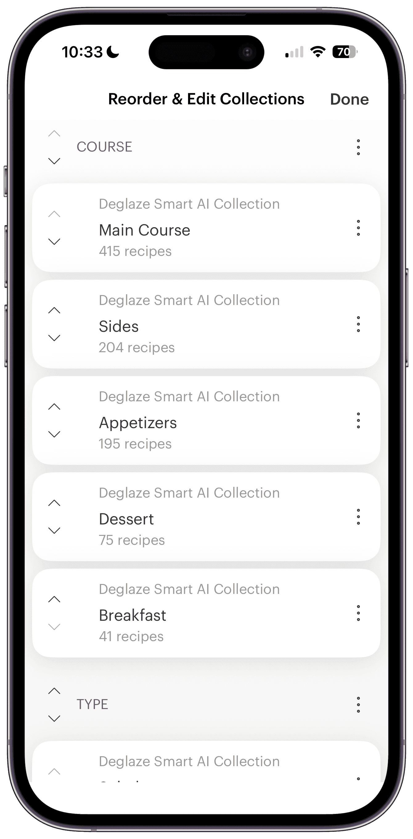 Screenshot of Deglaze collection organization with drag-to-reorder, sections, and household sharing