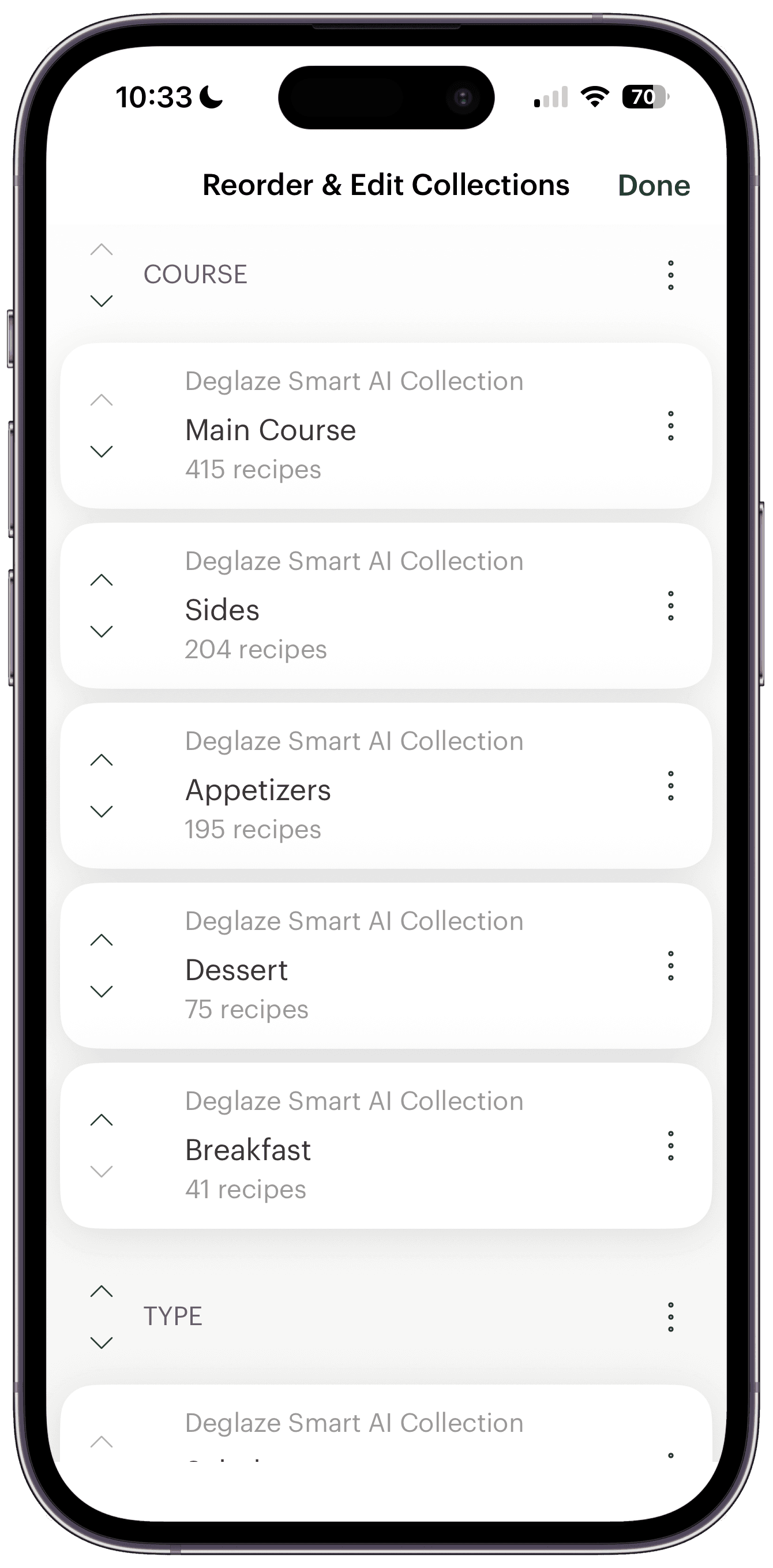 Screenshot of Deglaze collection organization with drag-to-reorder, sections, and household sharing