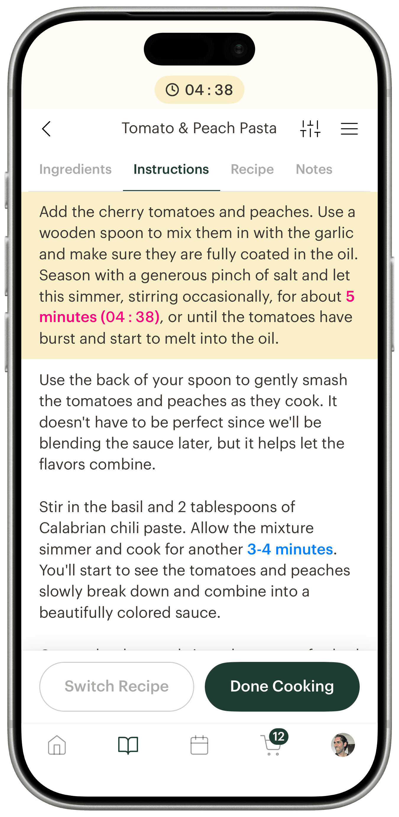 Deglaze cooking mode on an iPhone held upright, showing the Instructions tab with the current step highlighted and a Done Cooking bar at the bottom.