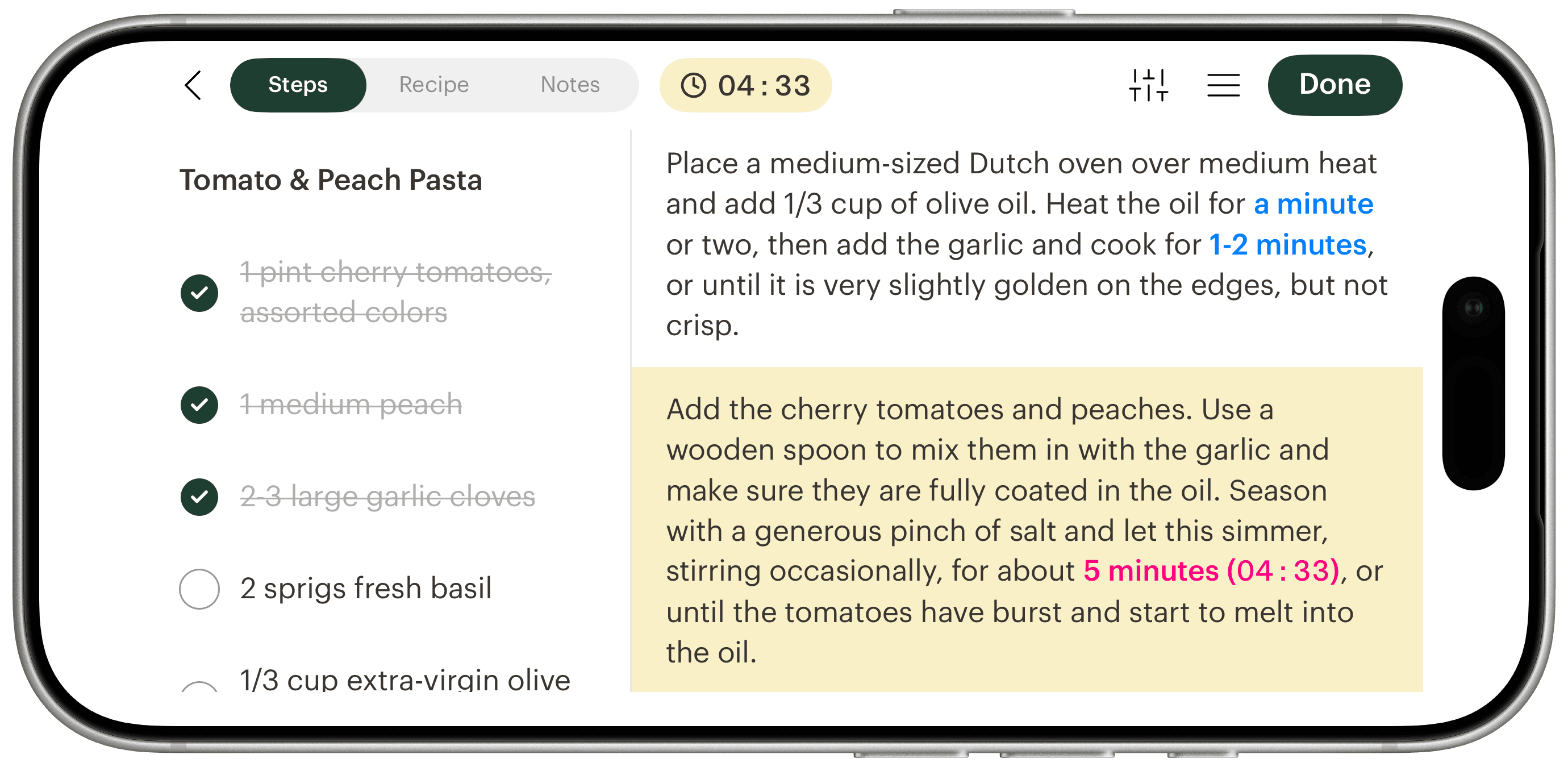 Deglaze cooking mode on an iPhone turned sideways: the recipe title and a checked-off ingredient list in the left pane, instructions in the right pane with the current step highlighted in yellow, and a single row above them holding a back arrow, Steps/Recipe/Notes tabs, a running 4:33 timer, scaling and menu buttons, and Done.
