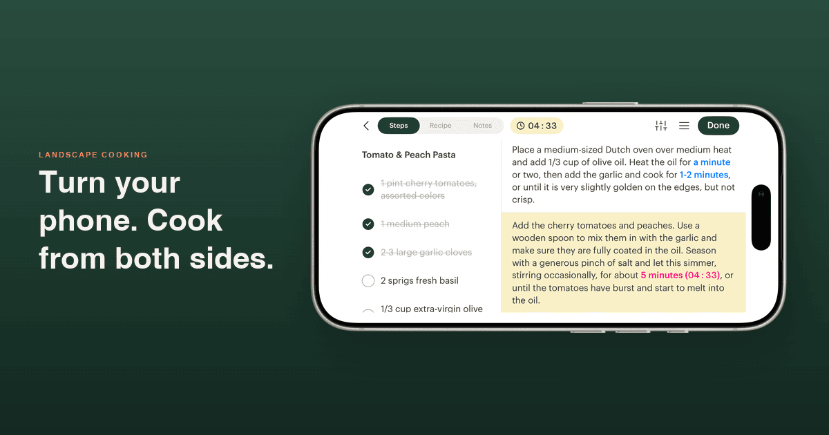 Deglaze cooking mode on an iPhone turned sideways: a checked-off ingredient list on the left, instructions with the current step highlighted on the right, and one row of controls above them with a running timer, beside the words 'Turn your phone. Cook from both sides.'