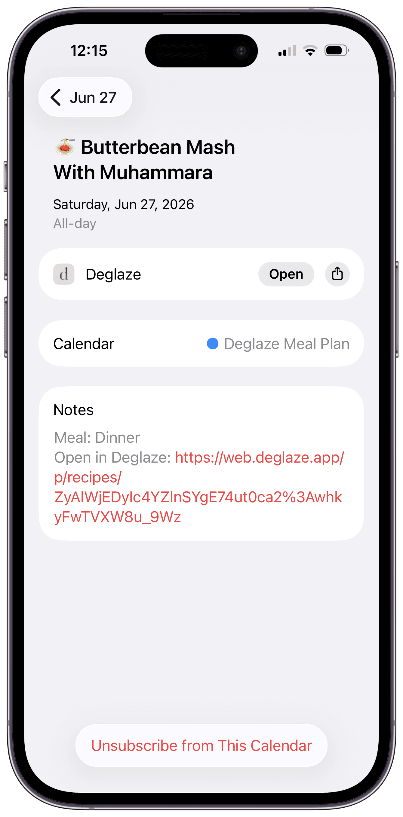 An Apple Calendar event detail for 'Butterbean Mash With Muhammara' on Saturday, in a subscribed calendar named Deglaze Meal Plan, with an Open in Deglaze link and a note reading 'Meal: Dinner.'