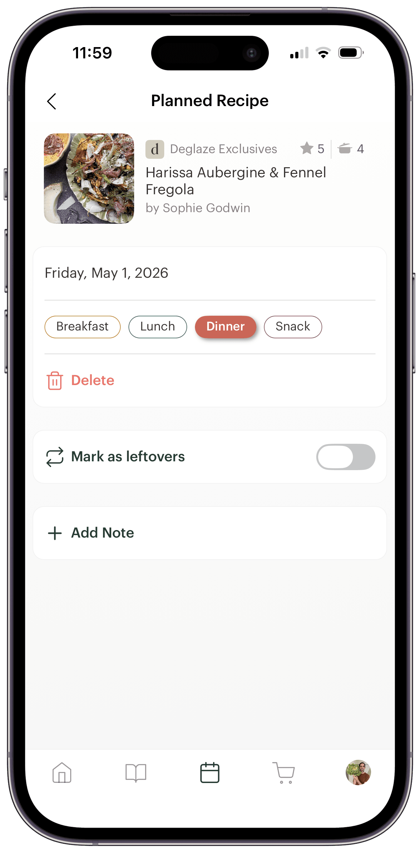 The Planned Recipe screen in Deglaze for Harissa Aubergine & Fennel Fregola, with meal-type options Breakfast, Lunch, Dinner, and Snack, a 'Mark as leftovers' toggle, and an Add note button.