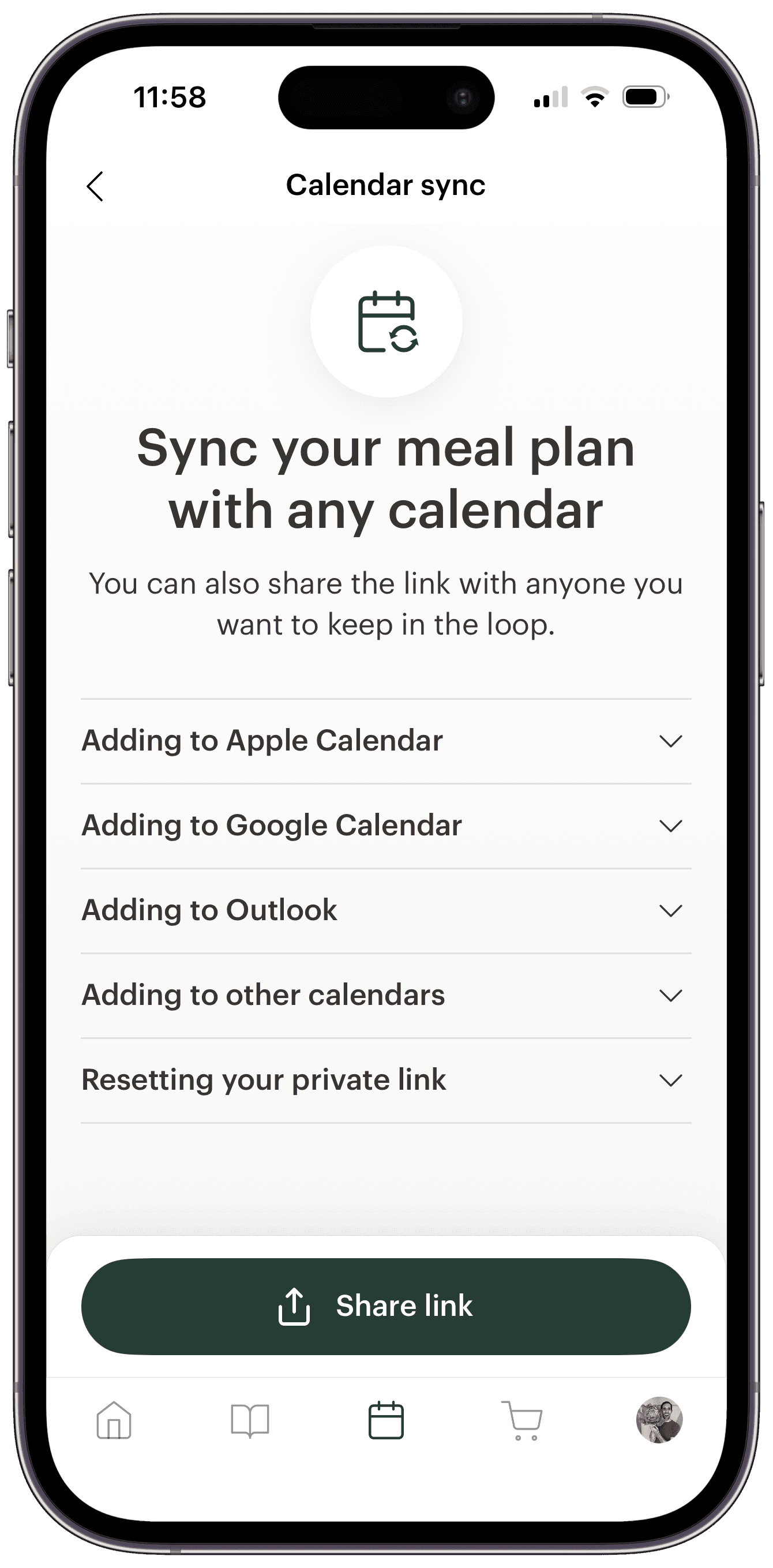 The Calendar sync screen in Deglaze, headed 'Sync your meal plan with any calendar,' with expandable steps for adding to Apple Calendar, Google Calendar, Outlook, and other calendars, and a green Share link button.