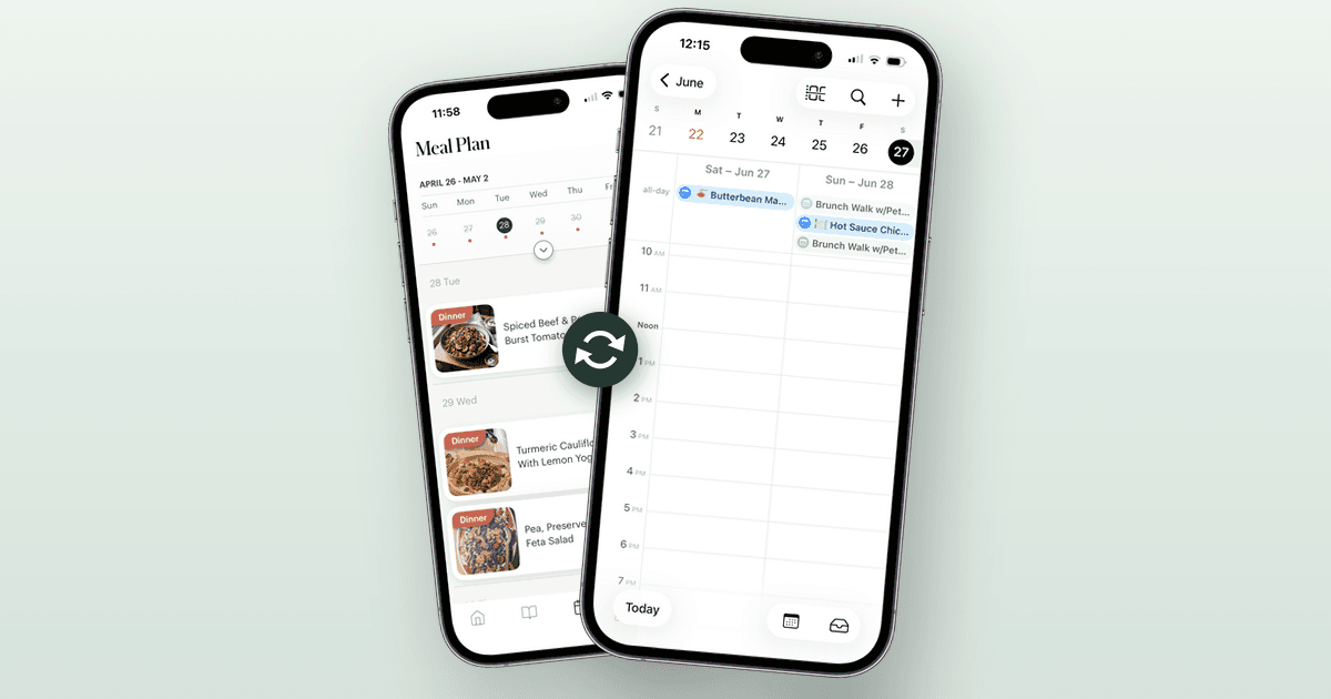 Two iPhones on a soft green background: the Deglaze Meal Plan screen with the week's dinners behind, and Apple Calendar in front showing those meals as events on Saturday and Sunday, joined by a sync icon.