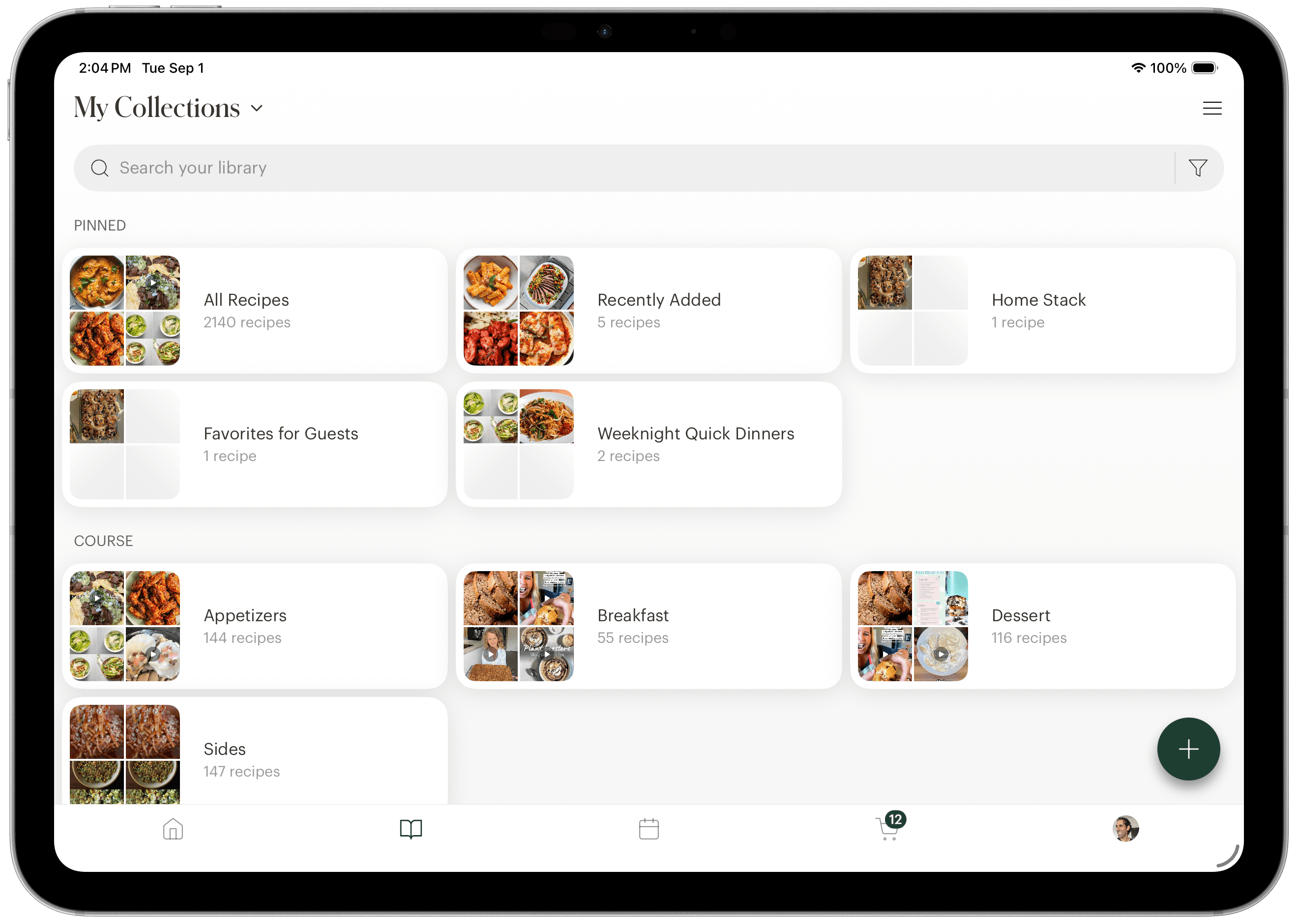 Deglaze collections on a landscape iPad: three columns of collection cards, each showing a four-photo mosaic beside the collection name and its recipe count, grouped under Pinned and Course headings.