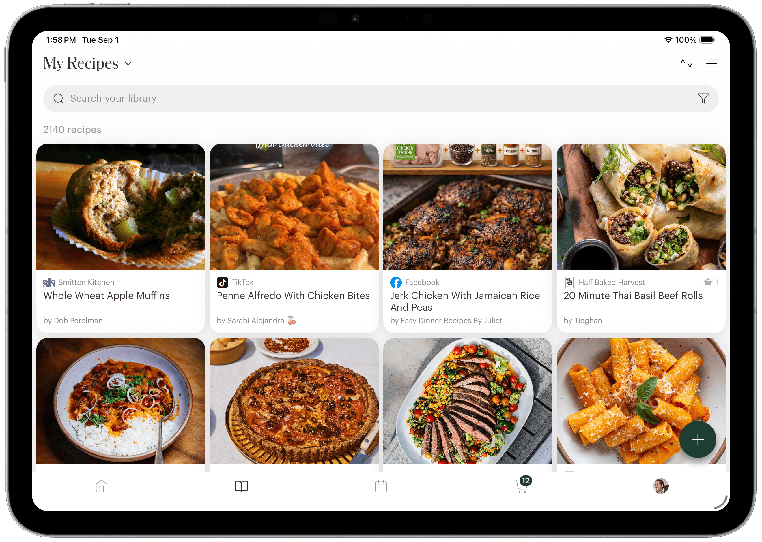 Deglaze recipe library on an iPad in landscape: four columns of recipe tiles, each with a food photo above the recipe title, its source site and its author.