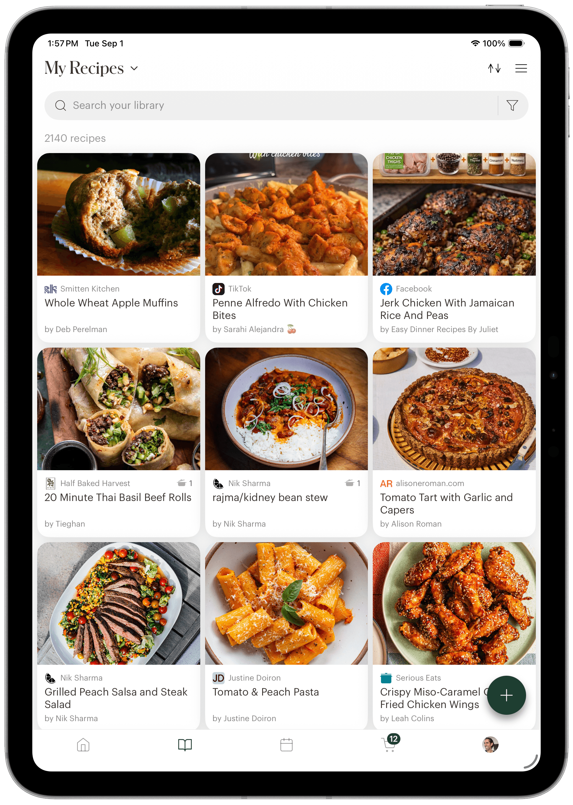 Deglaze recipe library on an iPad held upright, showing three columns of recipe tiles.