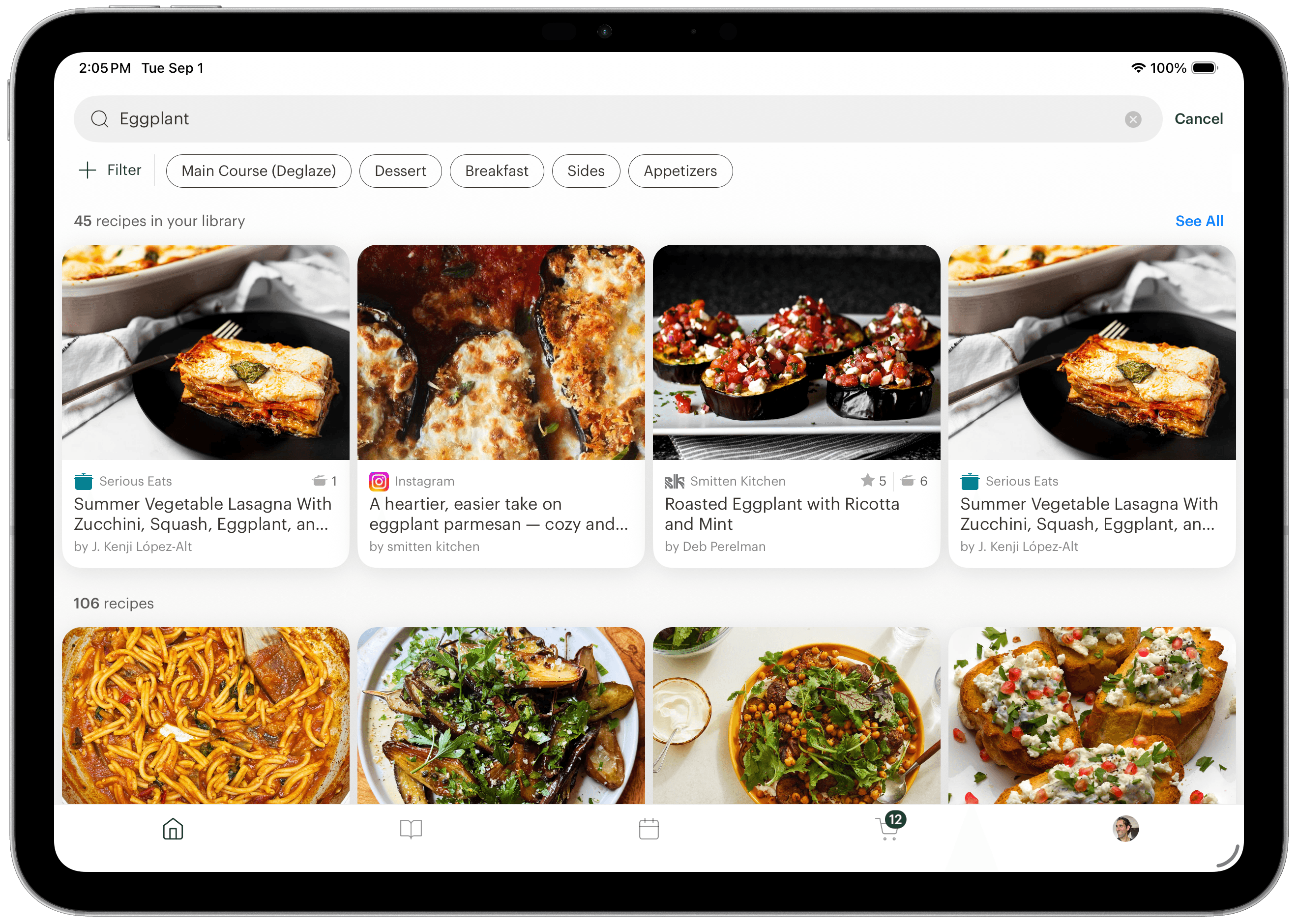 Deglaze search results on an iPad for the query 'Eggplant': a row of four matching recipes from the user's library under a See All link, above a larger set of discovery results.