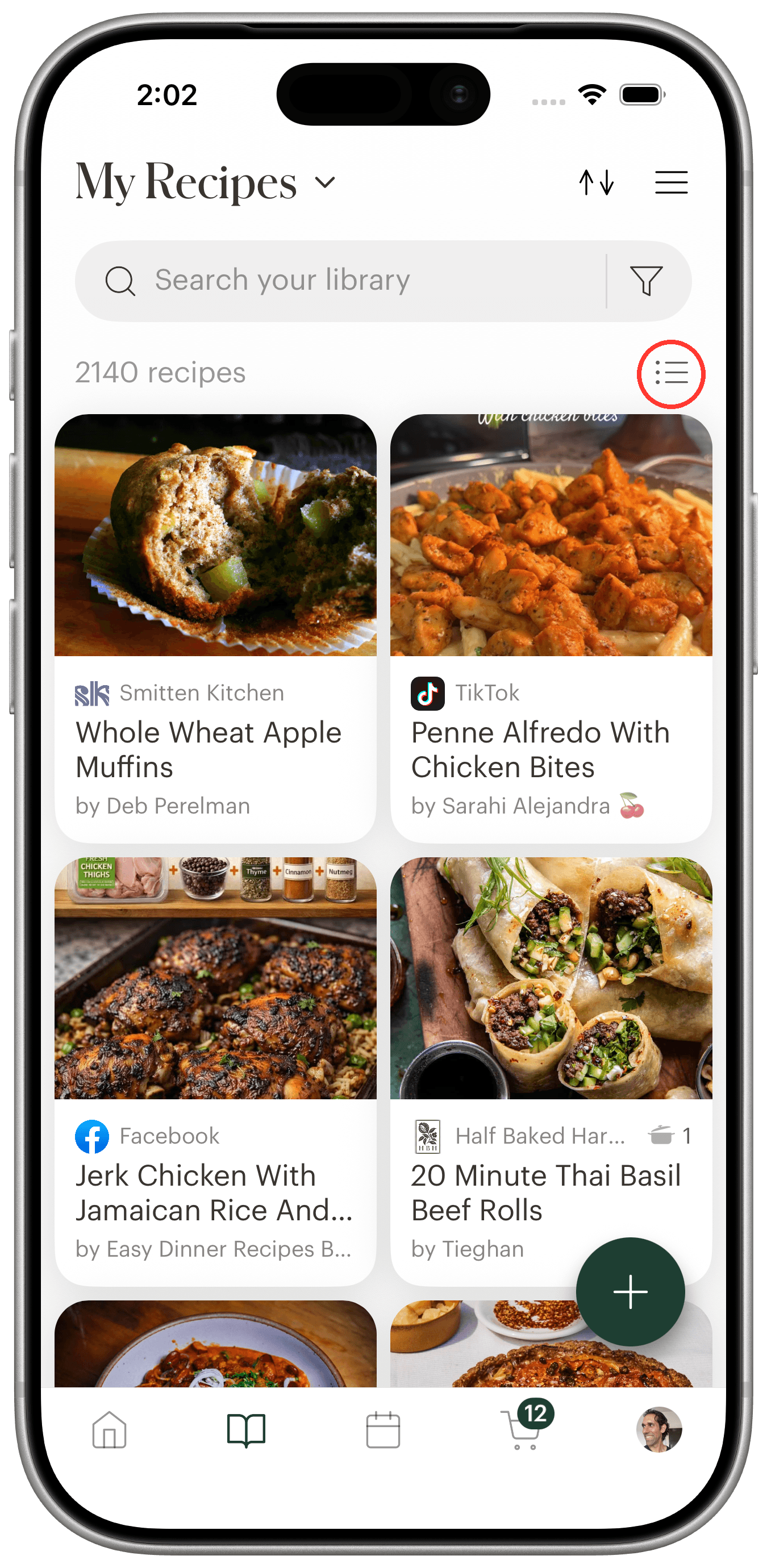 Deglaze recipe library on an iPhone in the two-column grid view, with the list-view toggle beside the recipe count circled in red.