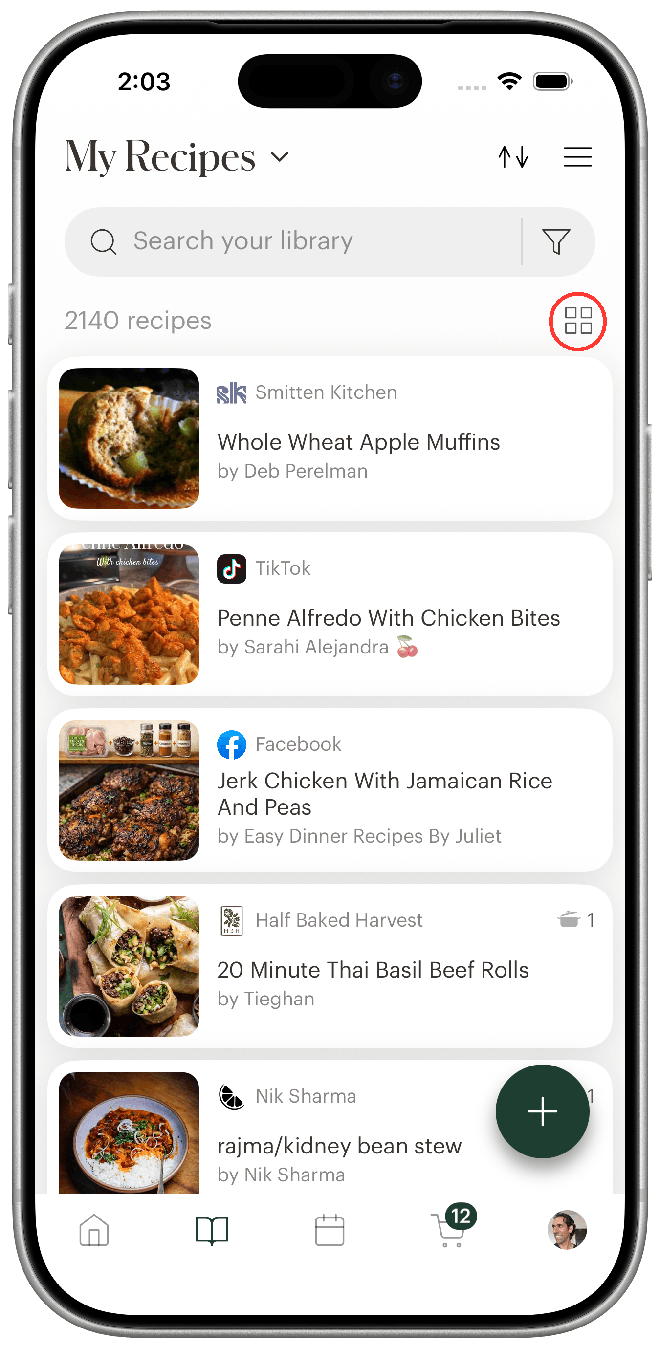 The same Deglaze recipe library on an iPhone in the classic list view, with the grid-view toggle beside the recipe count circled in red.