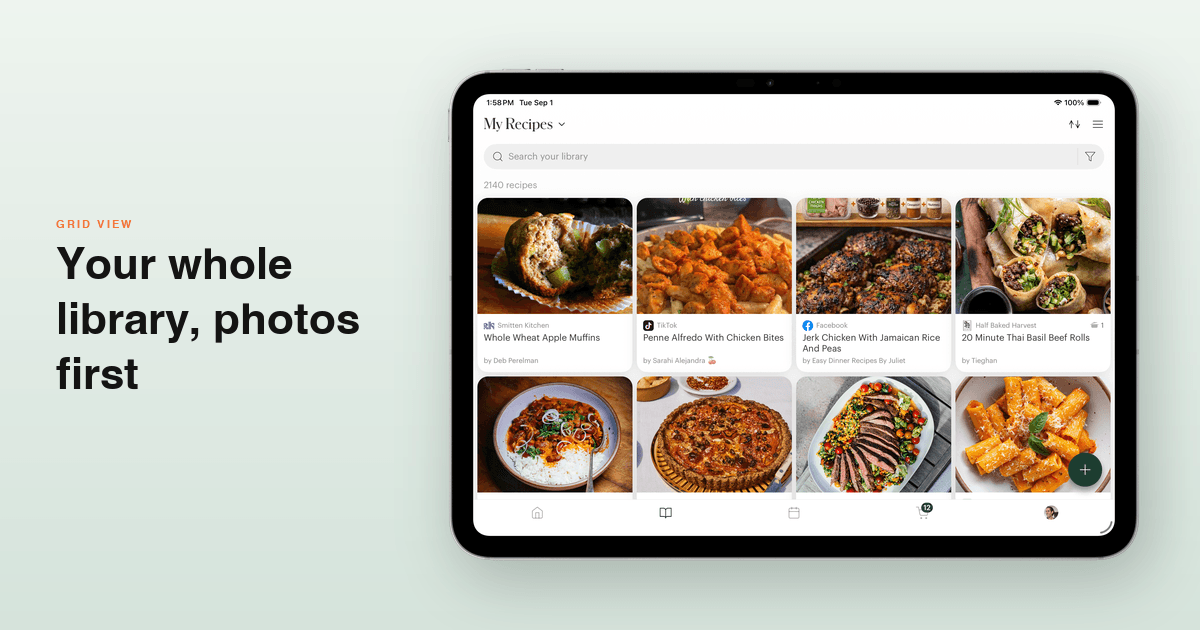 Deglaze on a landscape iPad showing the recipe library as a four-column grid of recipe tiles, each with a large food photo above its title and source, beside the words 'Your whole library, photos first'.