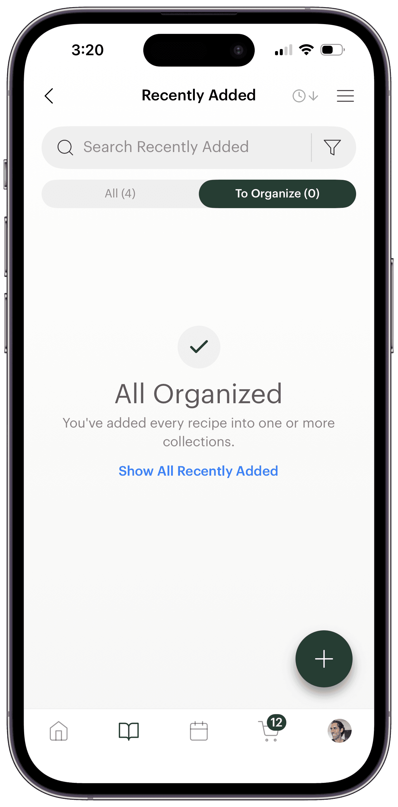 The All Organized screen in Deglaze's Recently Added collection, with a checkmark and the message that every recipe has been added to one or more collections