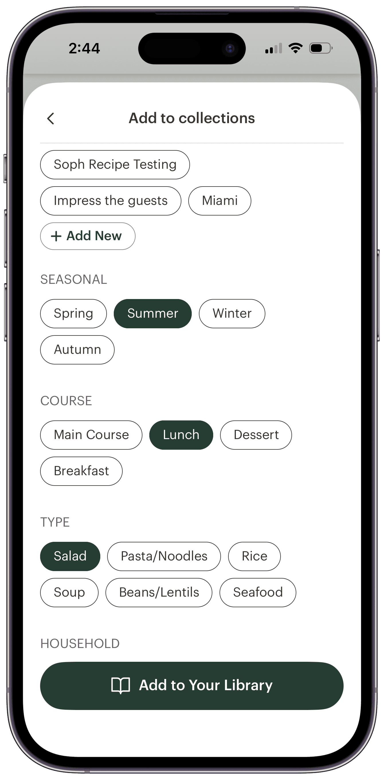 The Add to collections picker in the Deglaze share sheet, with the Summer, Lunch, and Salad collections selected and an Add New button