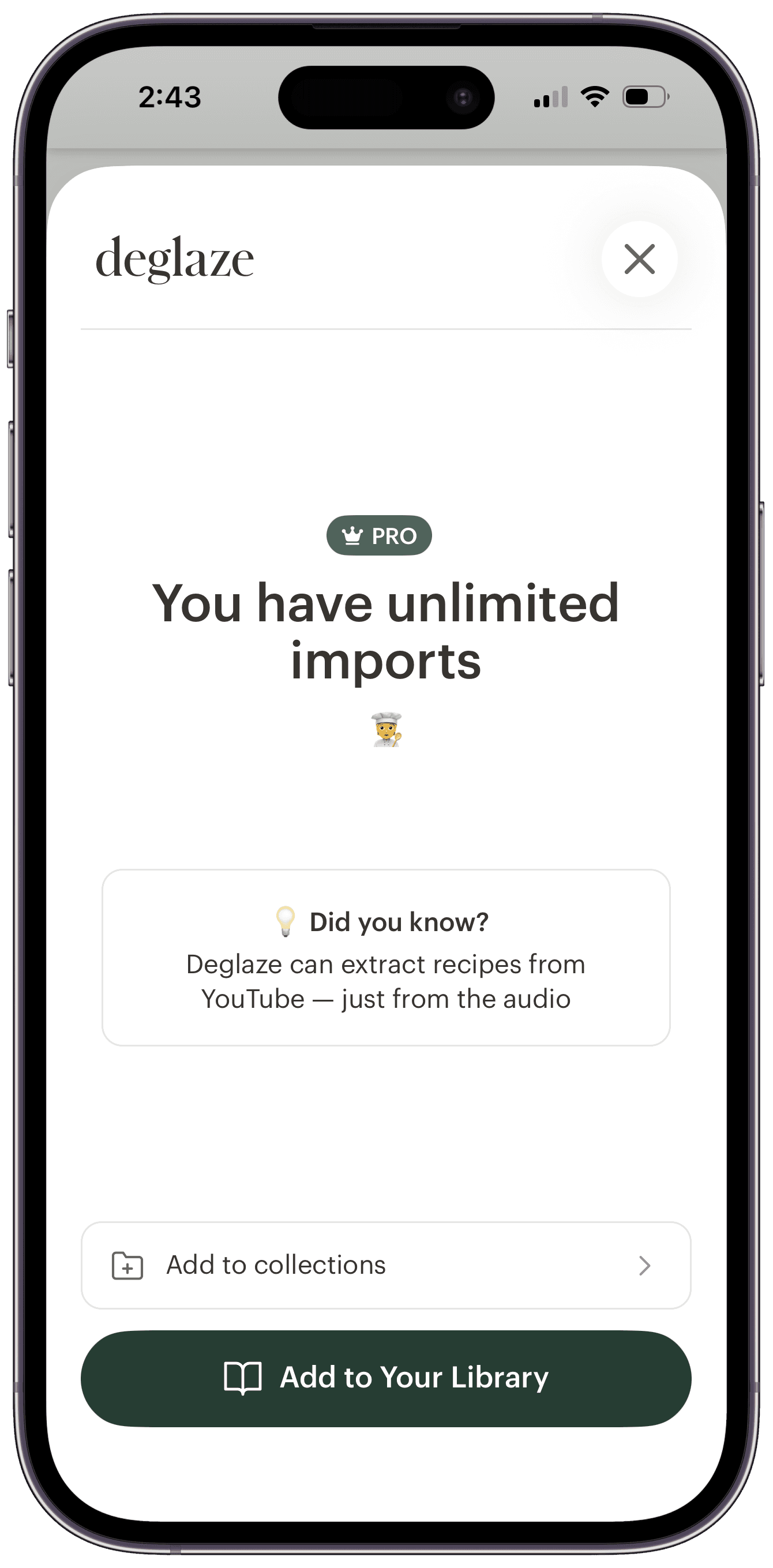 The Deglaze share sheet with the new Add to collections row above the Add to Your Library button