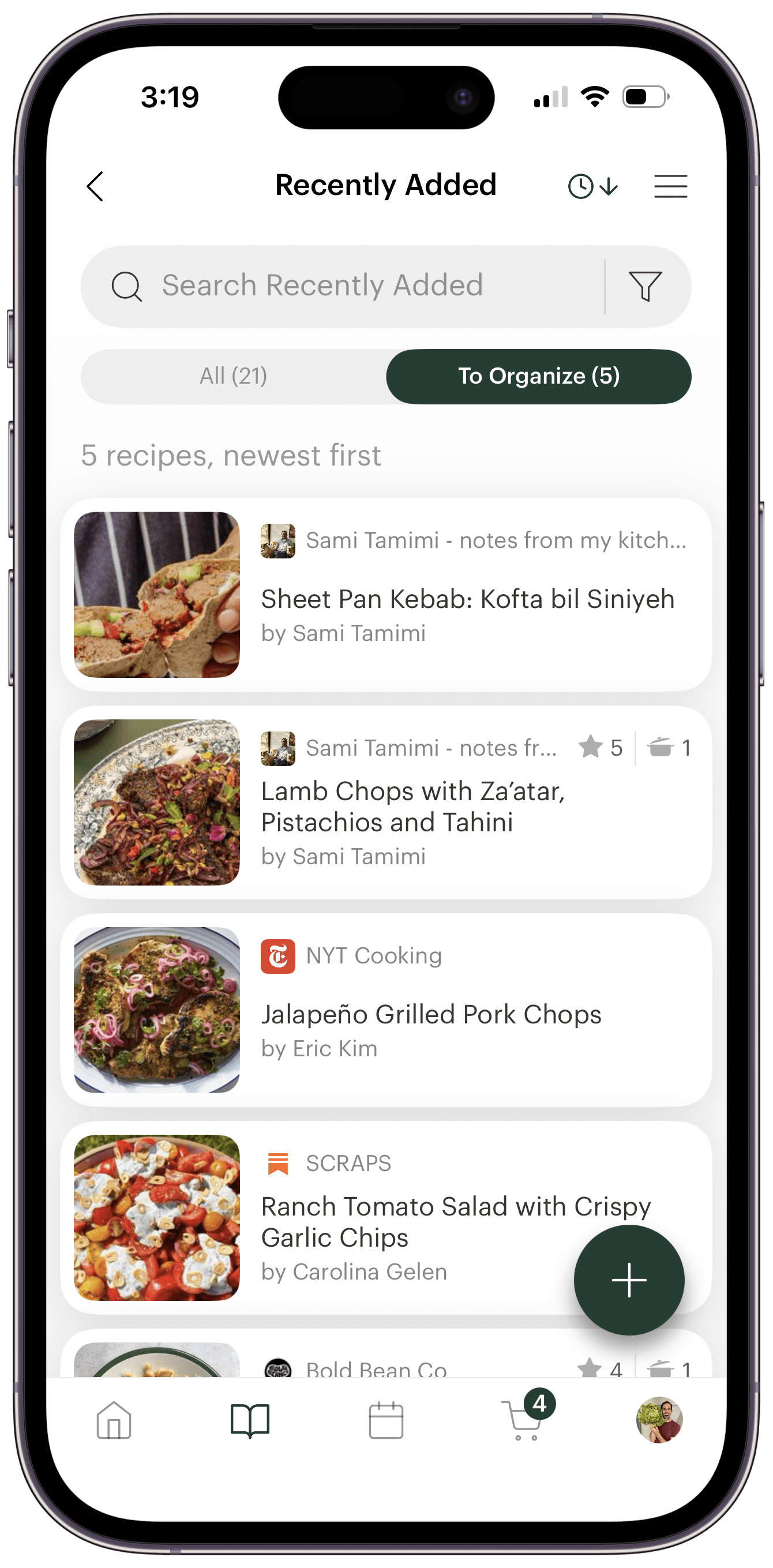 The Recently Added collection in Deglaze filtered to the new To Organize view, showing five recipes that haven't been added to any collection yet
