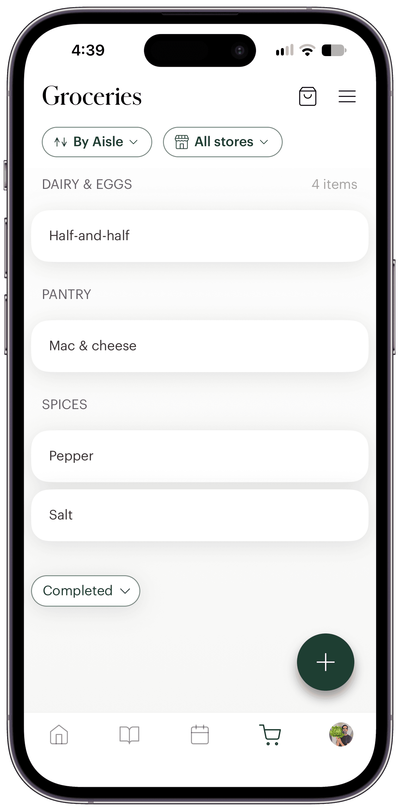 The Deglaze grocery list on an iPhone with four items added with Siri in one request: Half-and-half under Dairy & Eggs, Mac & cheese under Pantry, and Pepper and Salt under Spices.