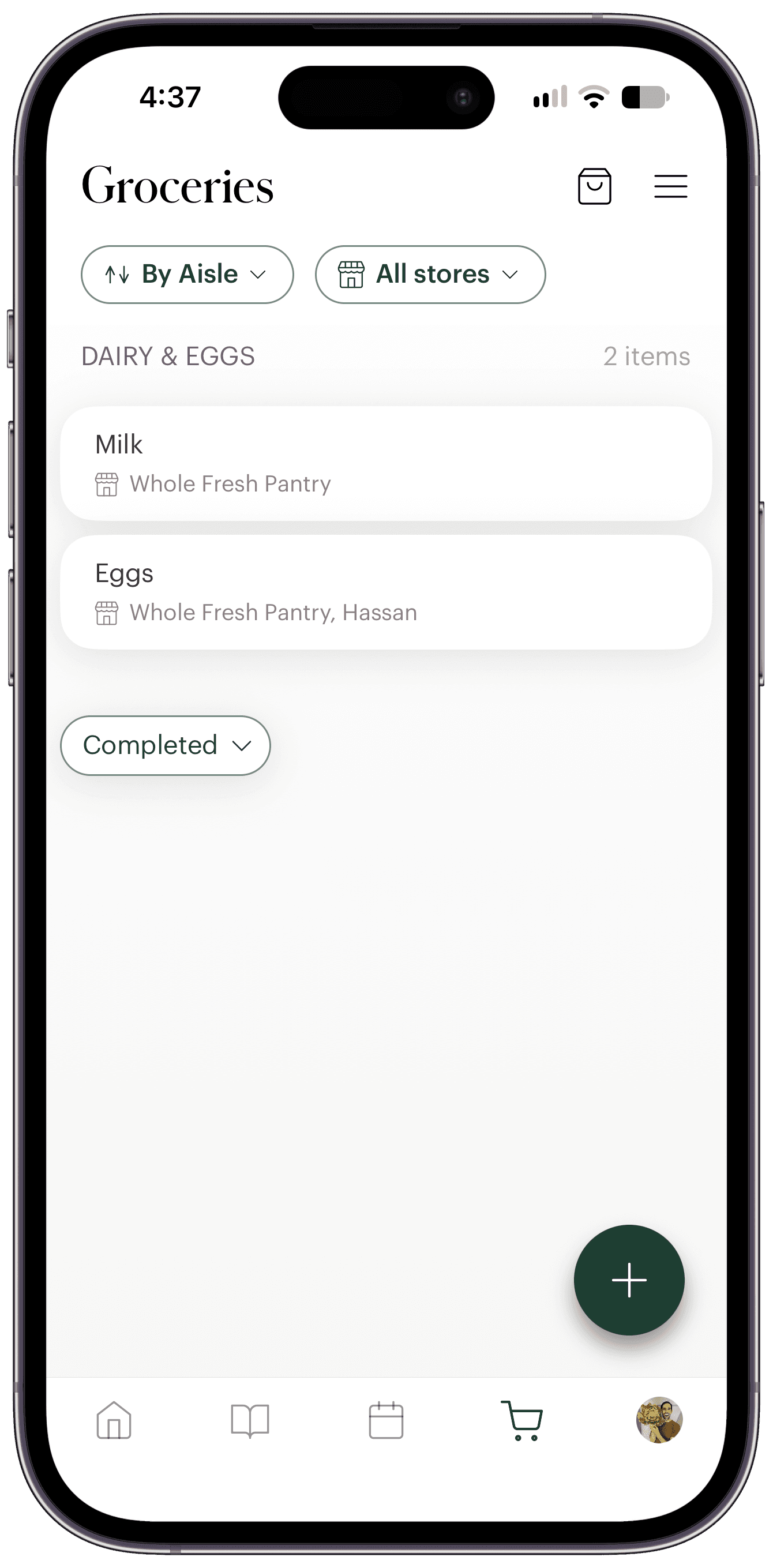 The Deglaze grocery list on an iPhone with Milk and Eggs under Dairy & Eggs, just added with Siri.