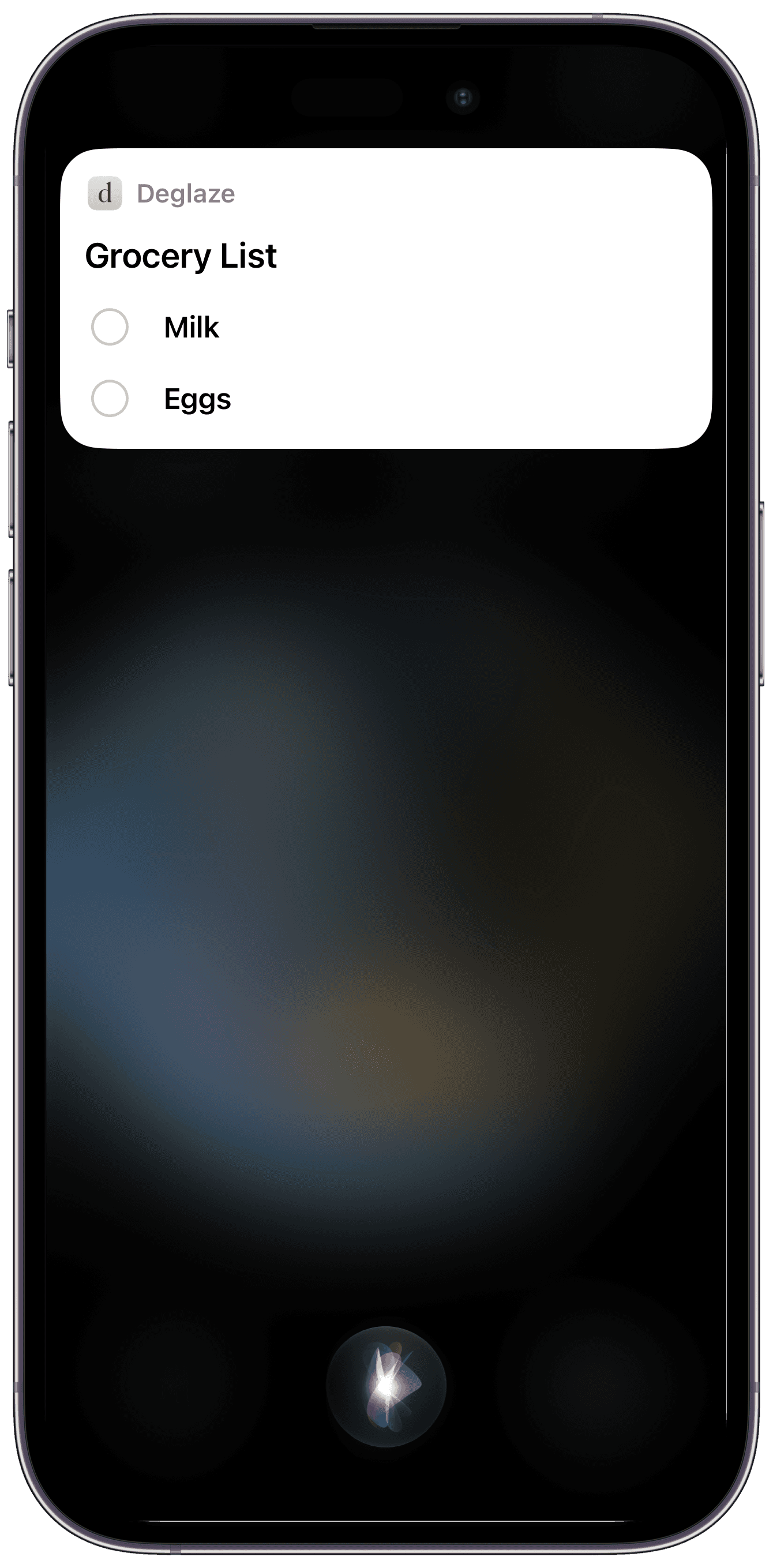 A Siri card from Deglaze on an iPhone, titled Grocery List, listing Milk and Eggs.