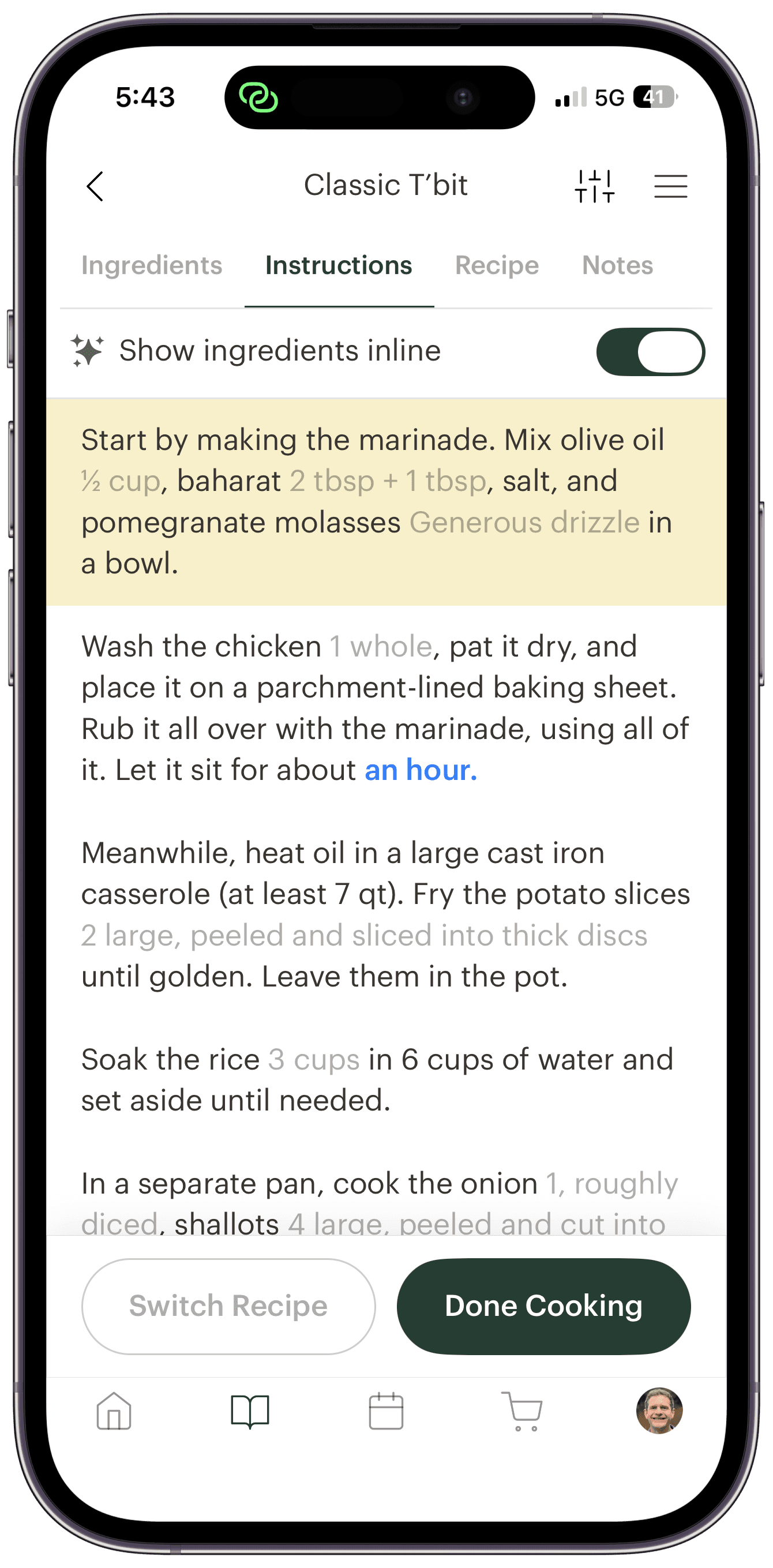 Deglaze cooking mode on an iPhone: the 'Show ingredients inline' toggle is on, the current step is highlighted, and each step reads with quantities like '½ cup', '2 tbsp + 1 tbsp', and 'Generous drizzle' placed inline.