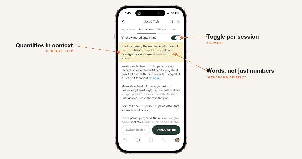 The Deglaze iPhone app showing a recipe in cooking mode with inline ingredient quantities — the current step is highlighted, a toggle at the top controls the feature, and the AI places both numeric and descriptive quantities ("Generous drizzle") directly in each instruction.