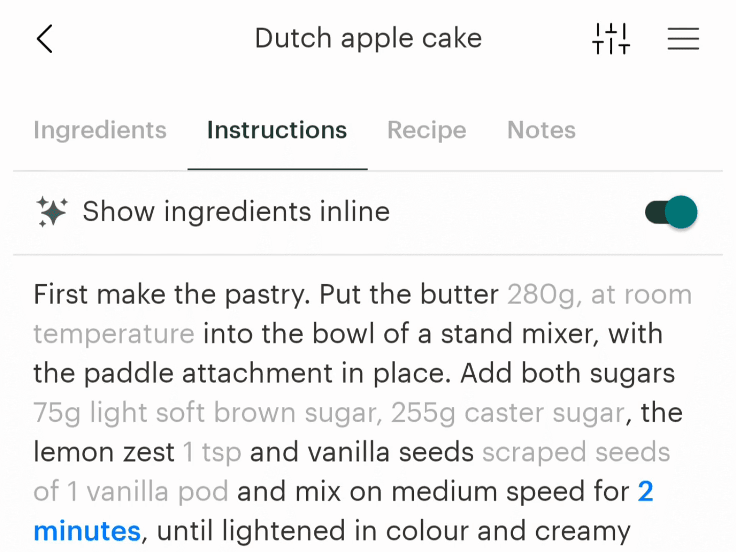 The Deglaze recipe app inline ingredient feature intelligently adds relevant ingredient details to the recipe instructions.
