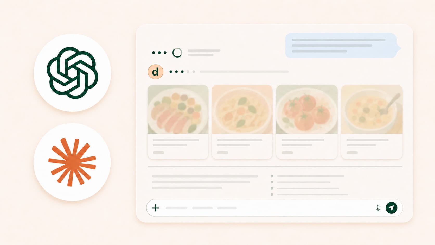 The ChatGPT and Claude logos beside a stylized chat window where Deglaze has returned a row of recipe cards inline in the conversation.
