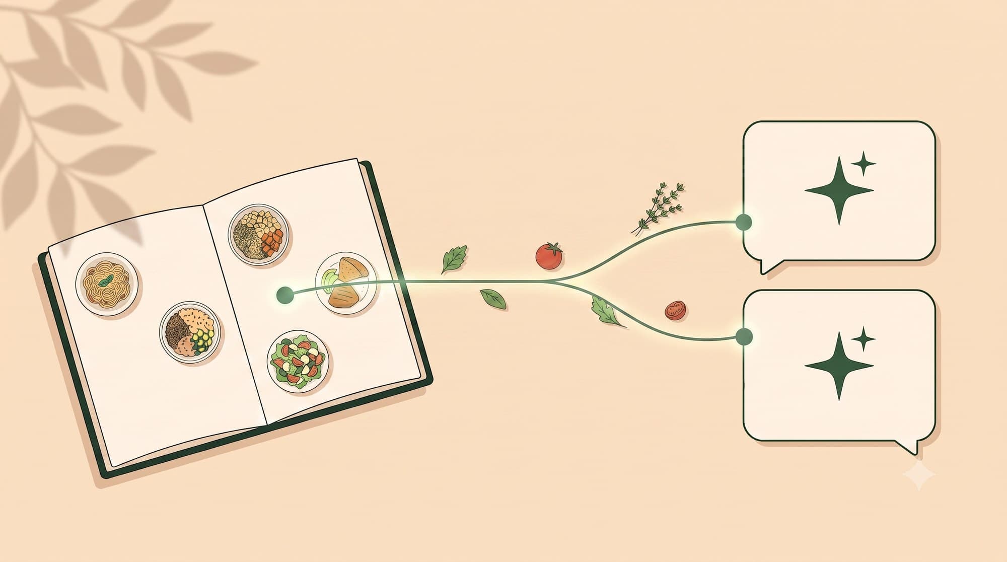 Illustration of an open recipe book connected by glowing green lines to two chat bubbles marked with AI sparkle icons, representing Deglaze recipes flowing into ChatGPT and Claude.