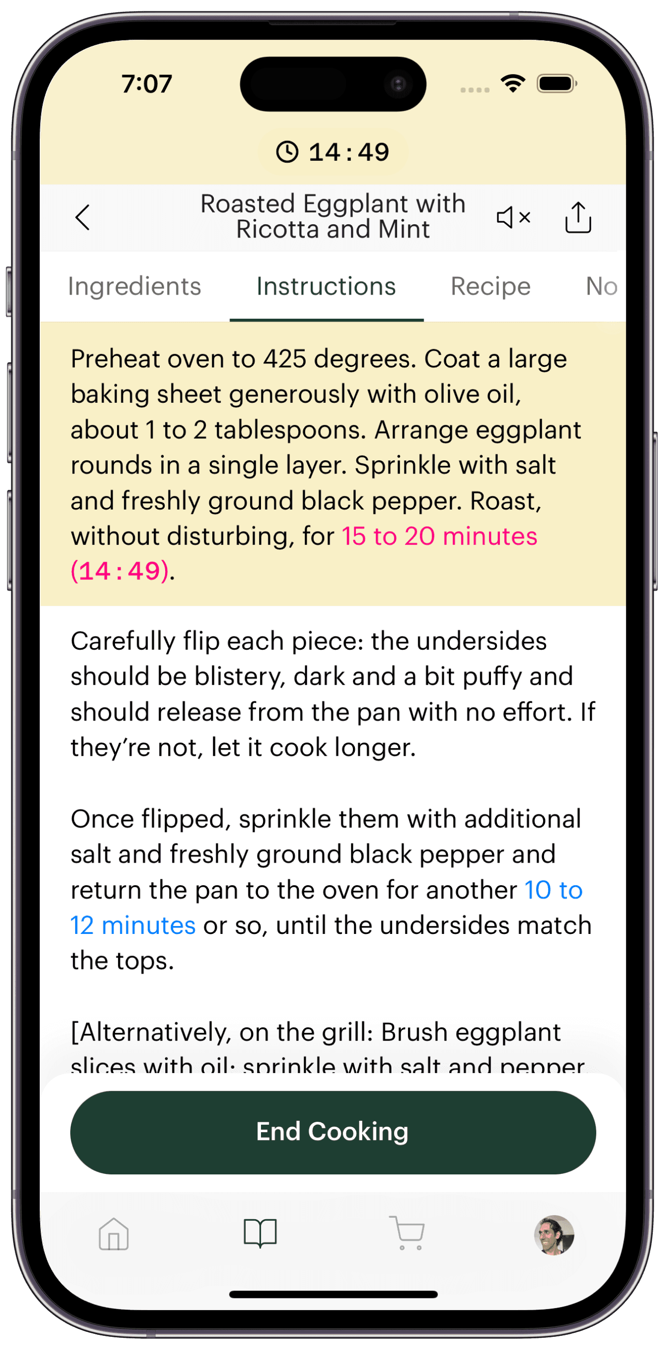 Screenshot of the Deglaze app interactive cooking mode with a timer active.
