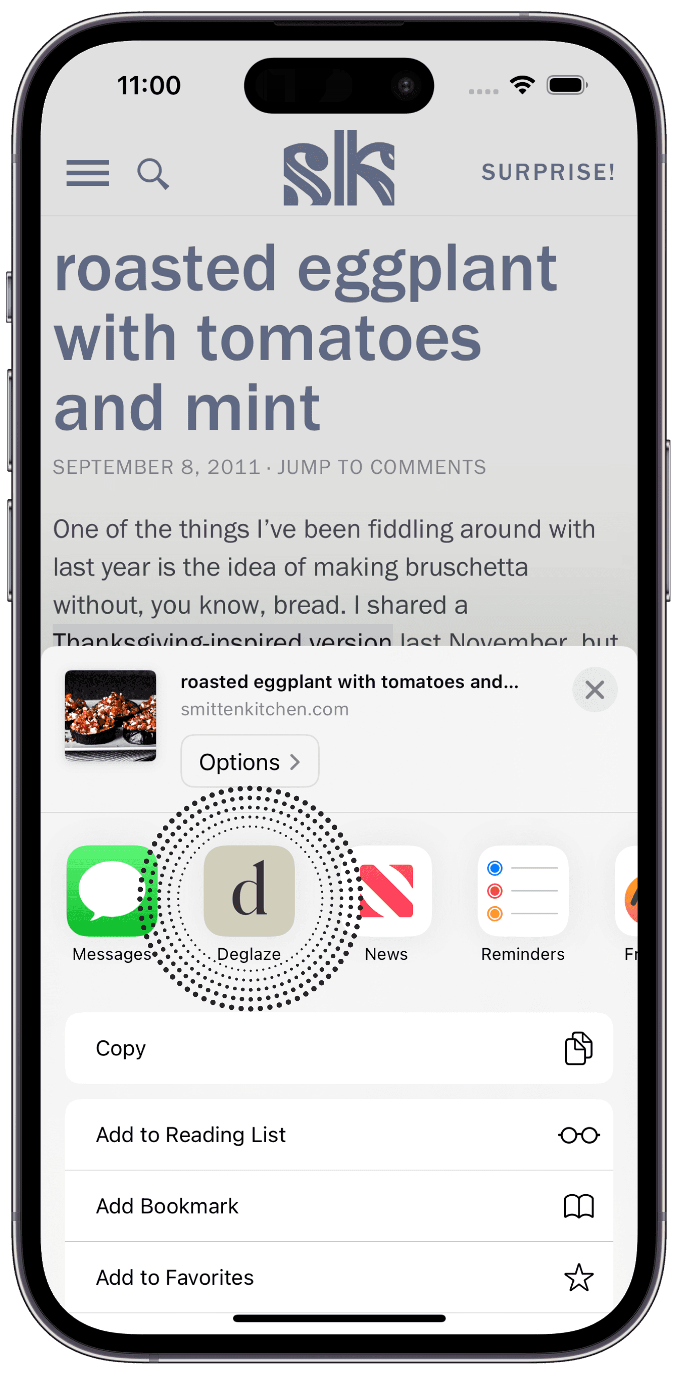 Screenshot of the iOS share menu from Safari with the Deglaze app icon circled.