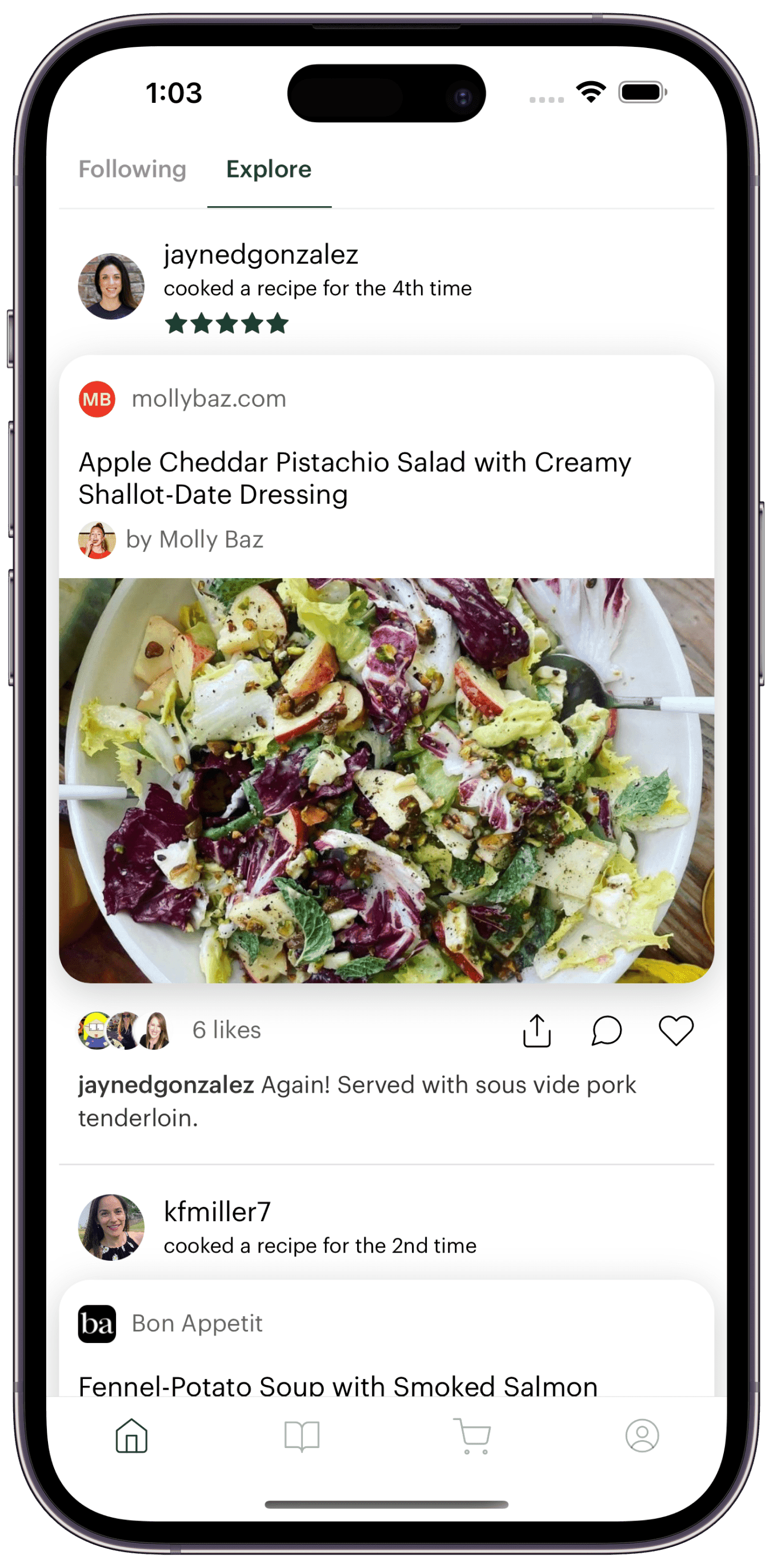 Screenshot of the Deglaze app home screen showing recipes from other users.